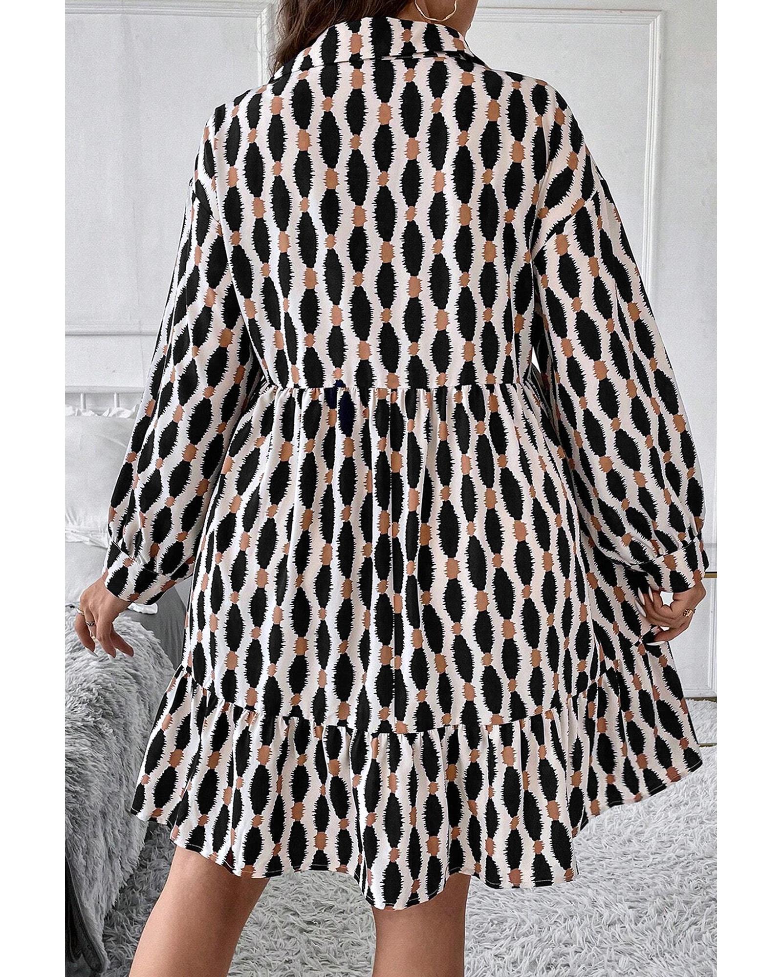 Apricot Geometric Print Collared V Neck Plus Size Mini Dress - 2X