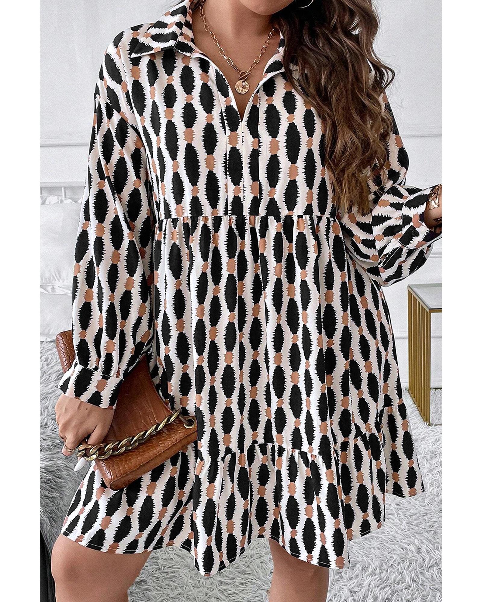 Apricot Geometric Print Collared V Neck Plus Size Mini Dress - 3X