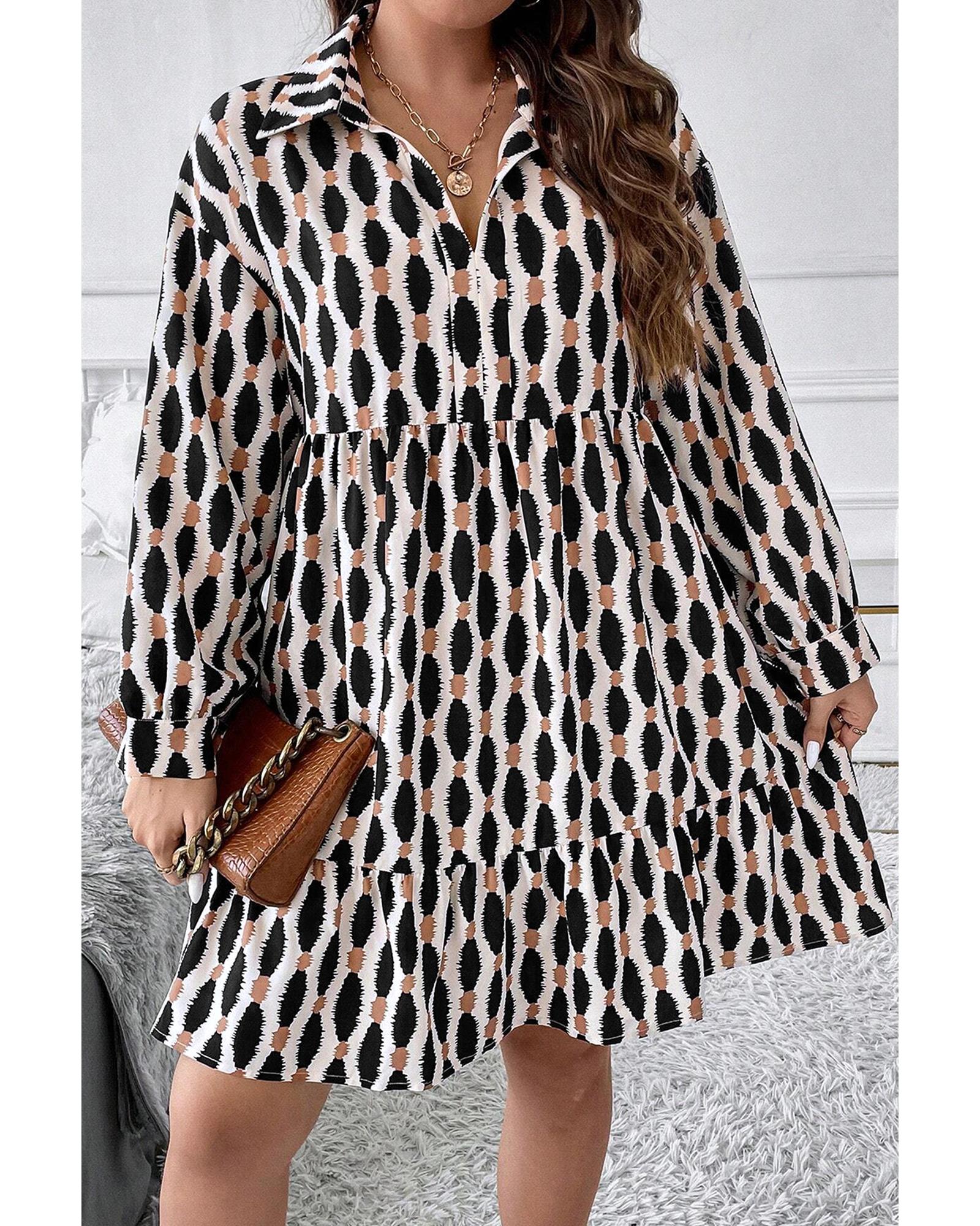 Apricot Geometric Print Collared V Neck Plus Size Mini Dress - 3X 4