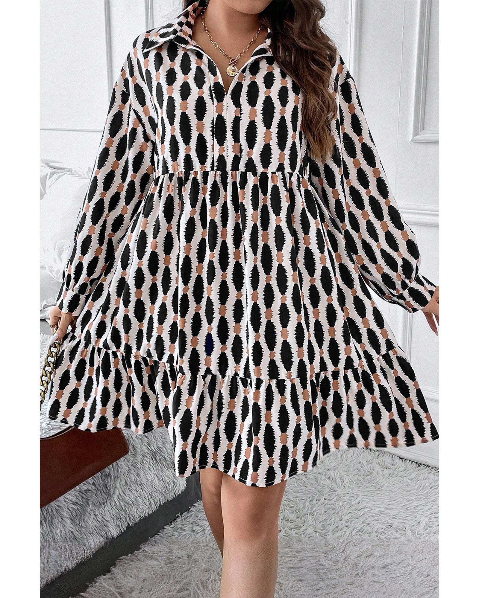 Apricot Geometric Print Collared V Neck Plus Size Mini Dress - 4X 5