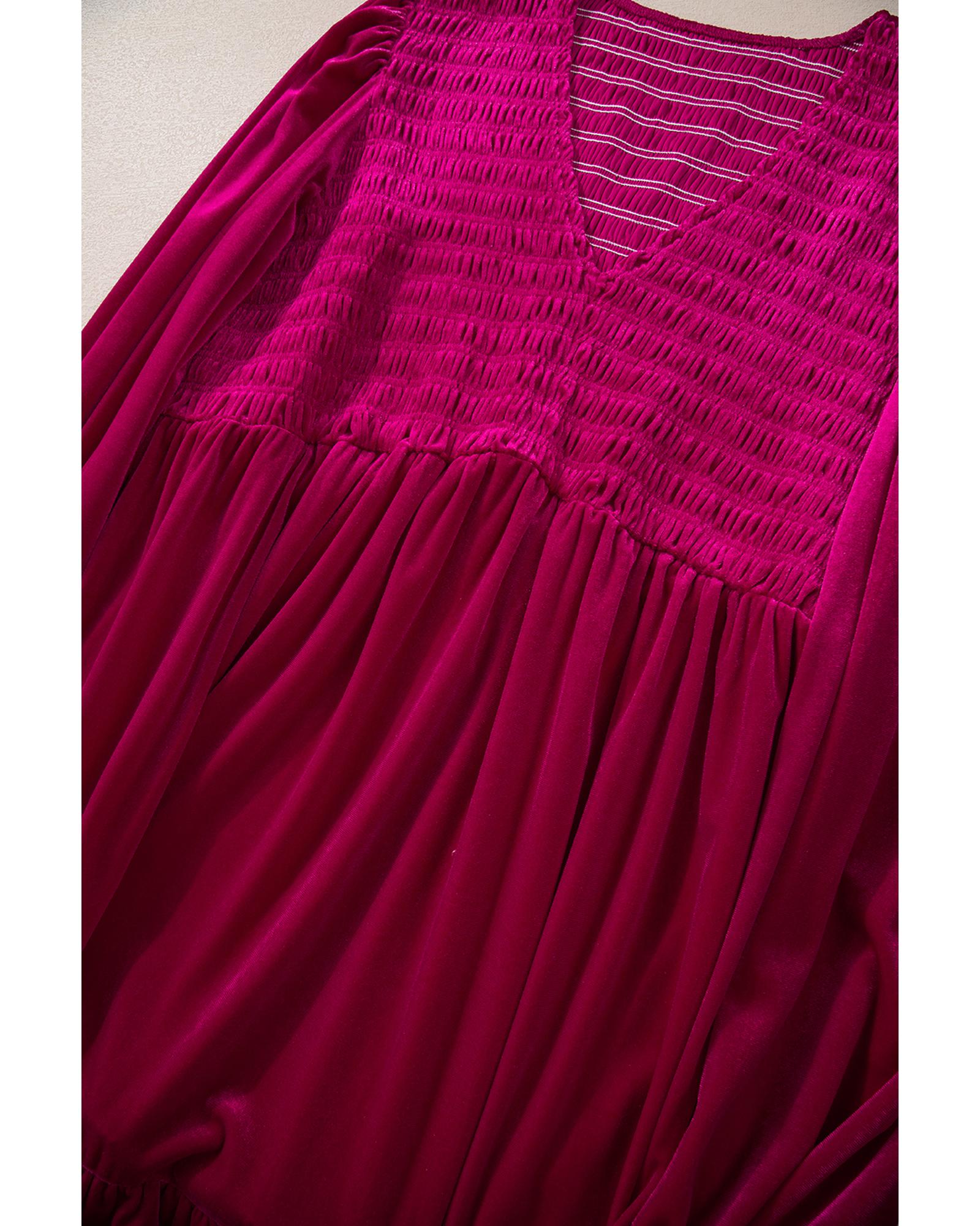 Rose Red Shirred V Neck Tiered Ruffled Velvet Plus Size Maxi Dress - 1X 6