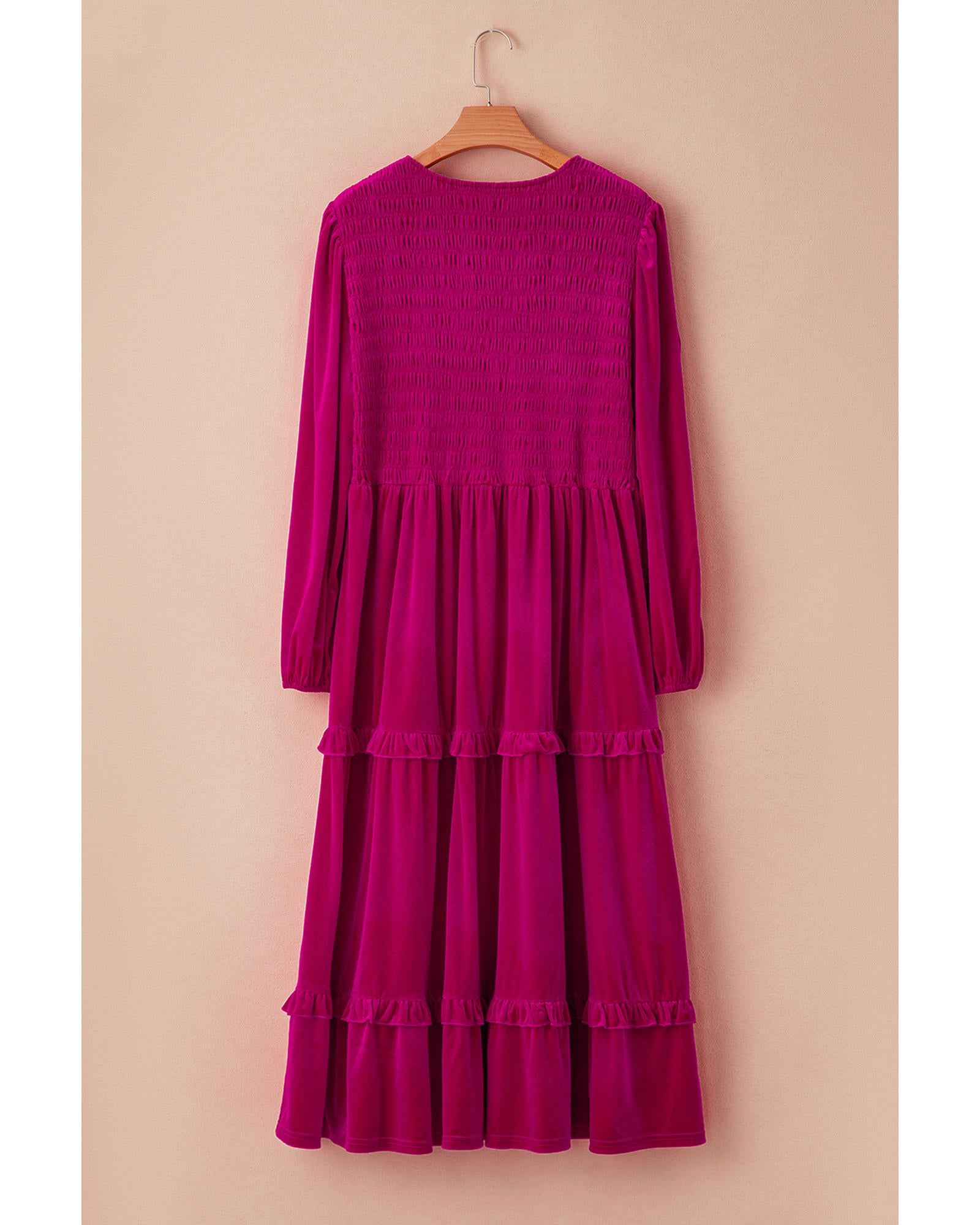 Rose Red Shirred V Neck Tiered Ruffled Velvet Plus Size Maxi Dress - 1X 8