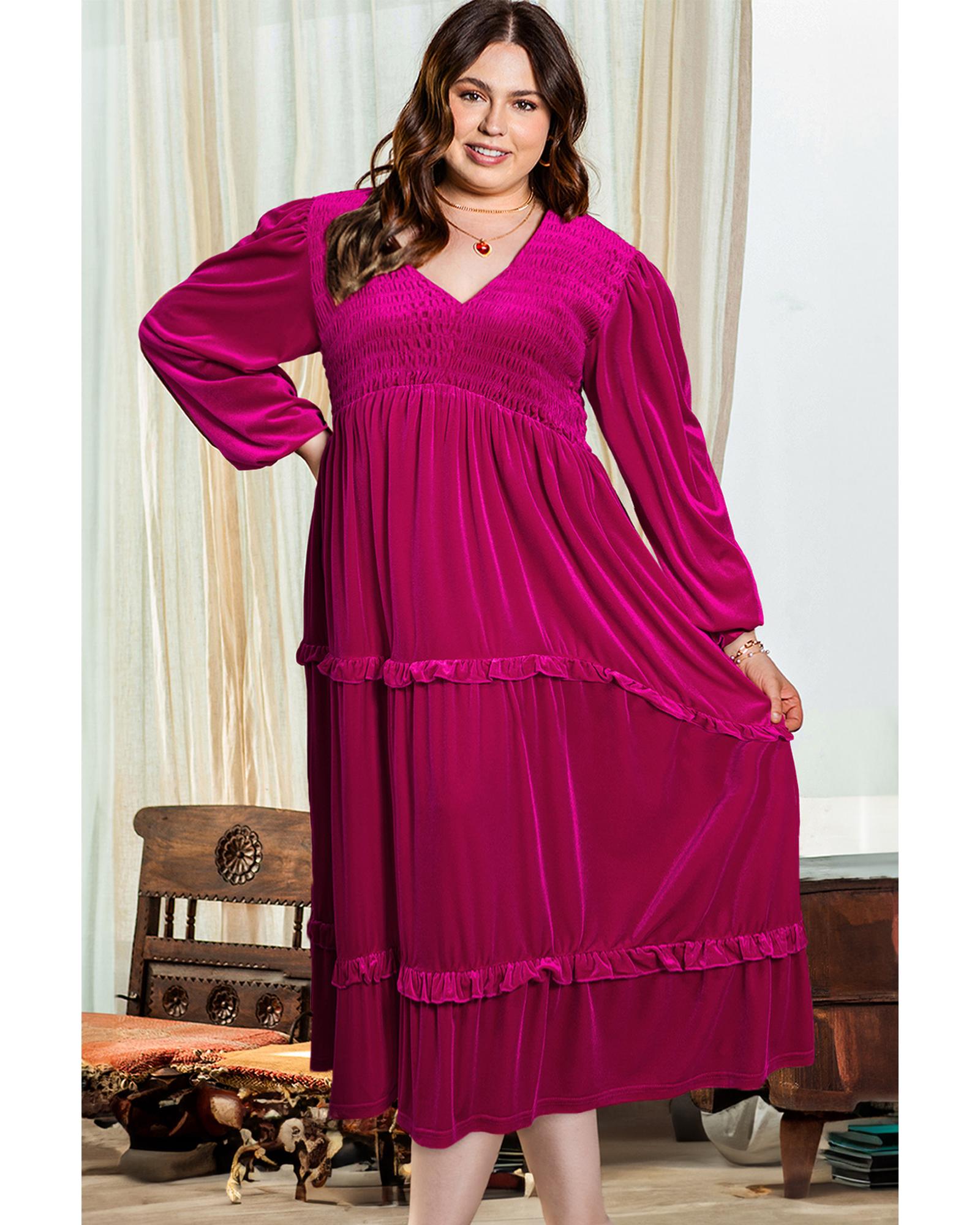 Rose Red Shirred V Neck Tiered Ruffled Velvet Plus Size Maxi Dress - 2X