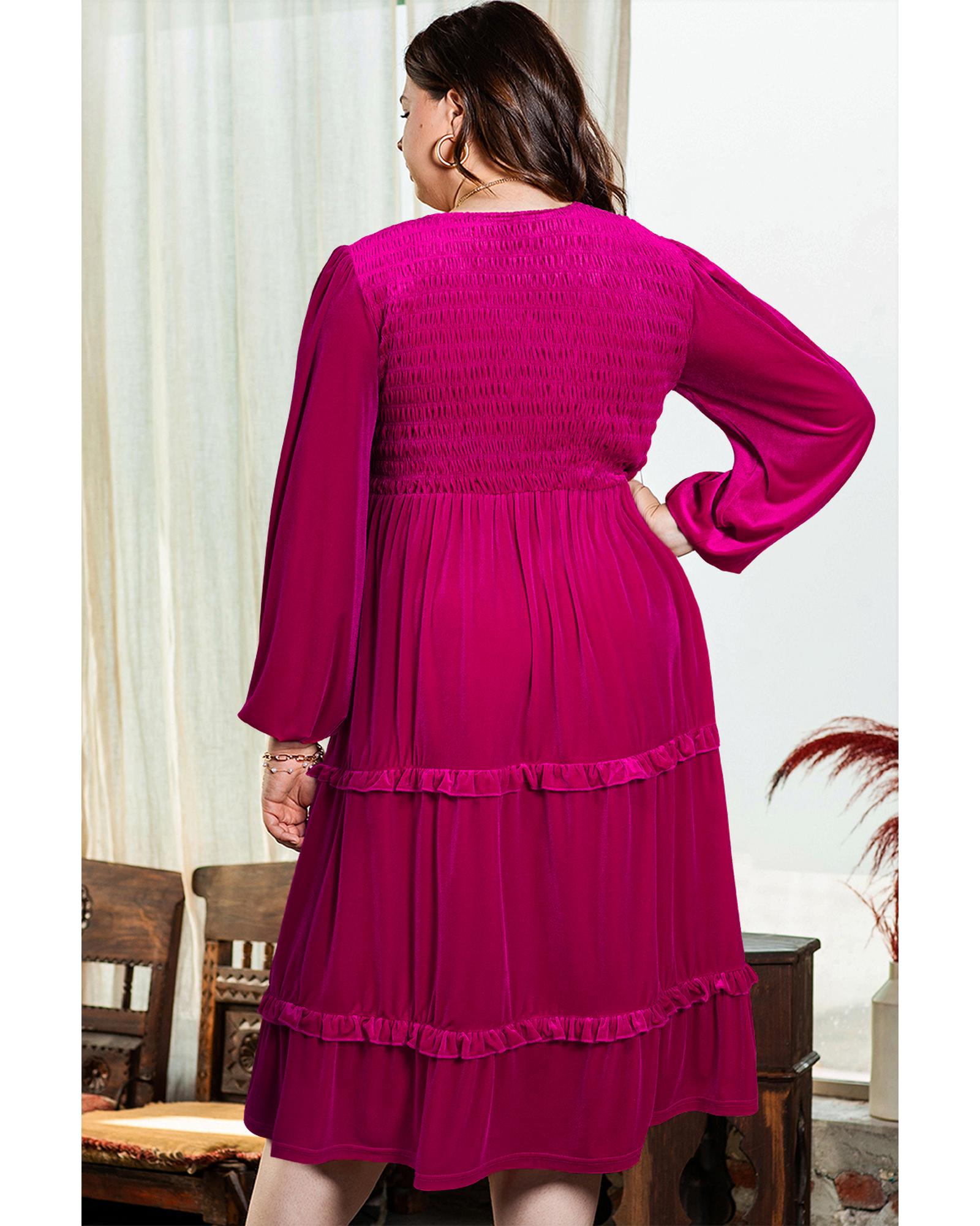 Rose Red Shirred V Neck Tiered Ruffled Velvet Plus Size Maxi Dress - 2X 4