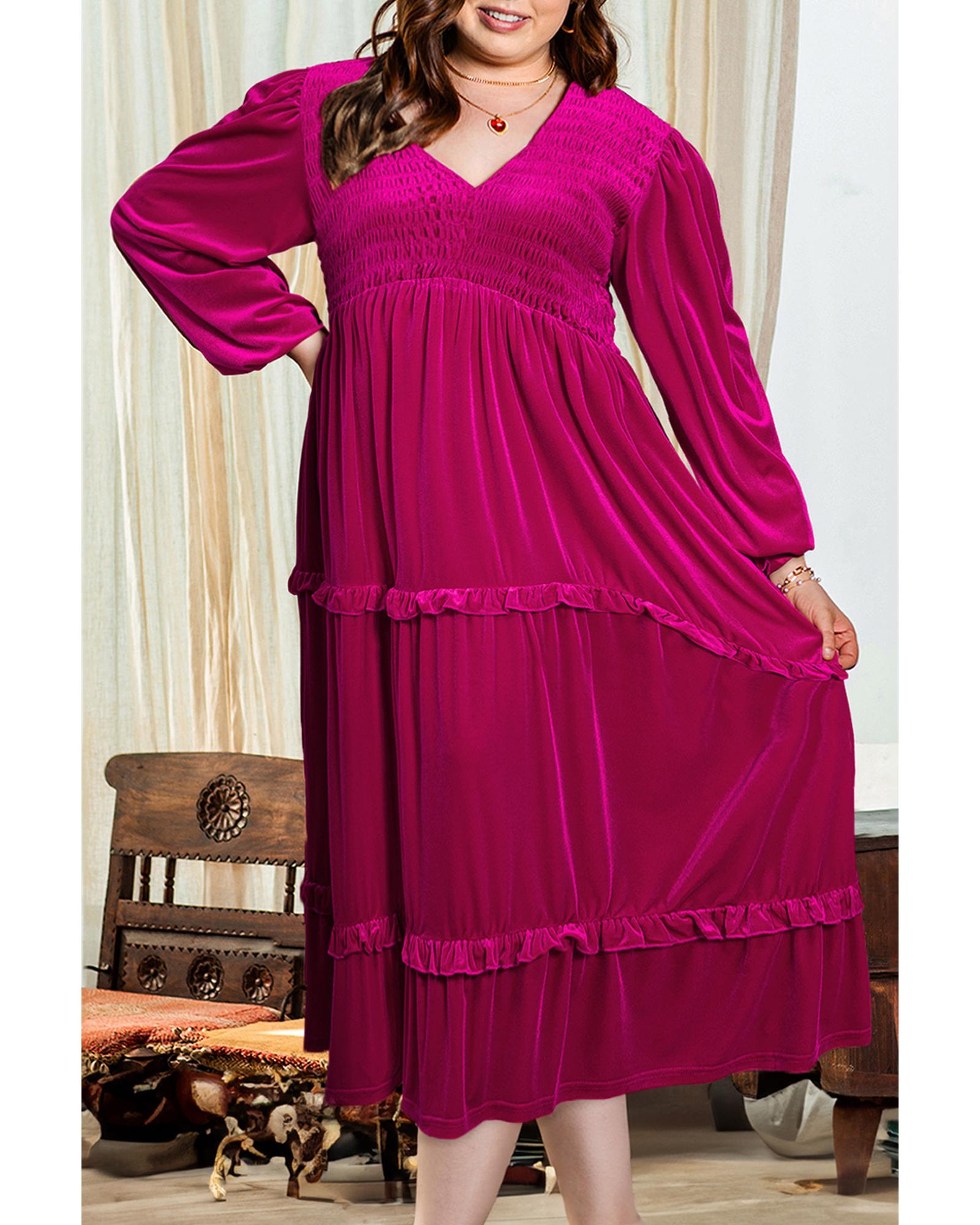 Rose Red Shirred V Neck Tiered Ruffled Velvet Plus Size Maxi Dress - 4X 5