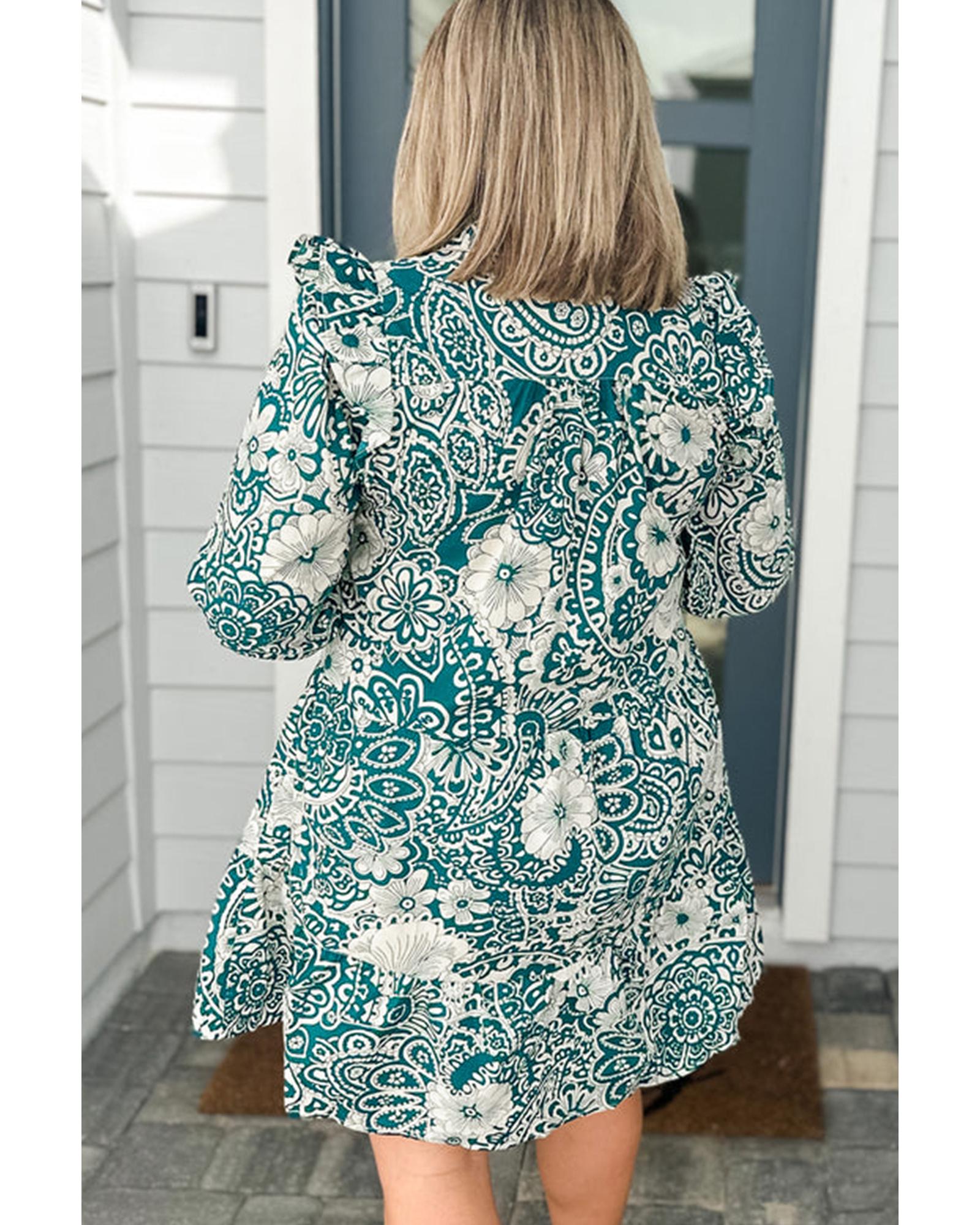Green Floral Flounce Sleeve Split Neck Plus Size Dress - 1X