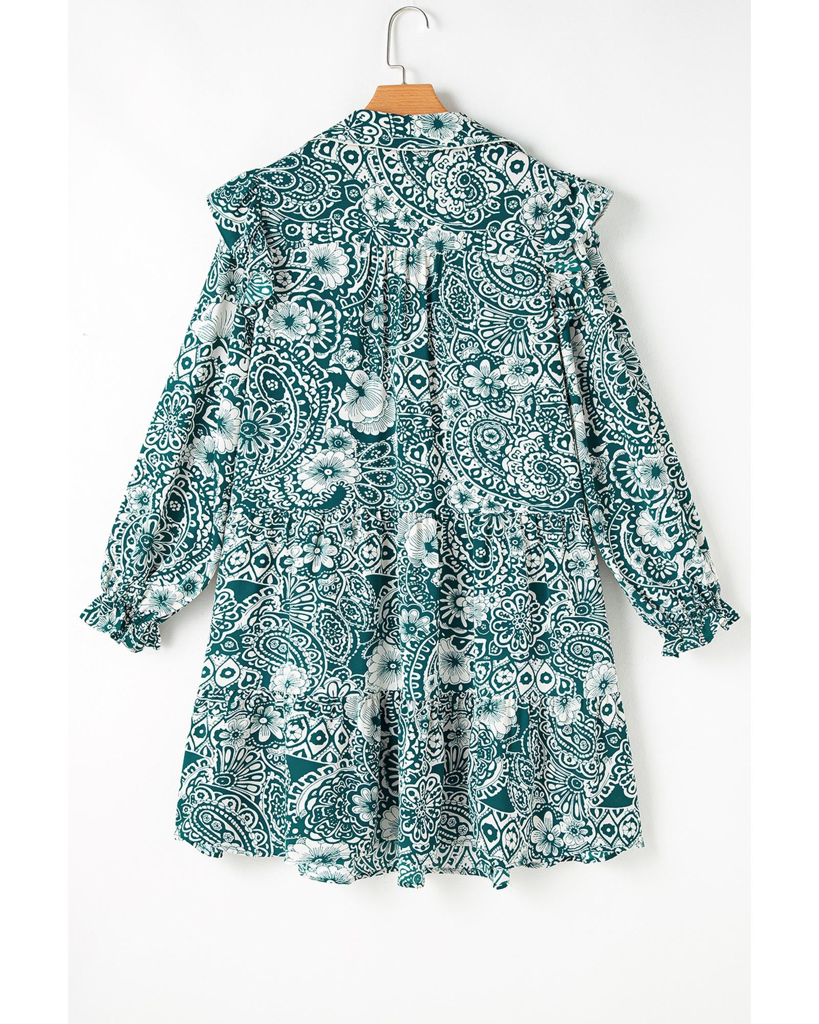 Green Floral Flounce Sleeve Split Neck Plus Size Dress - 1X 5