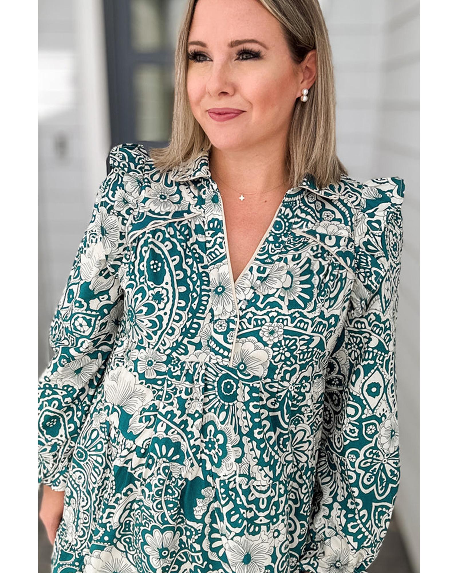 Green Floral Flounce Sleeve Split Neck Plus Size Dress - 4X 4