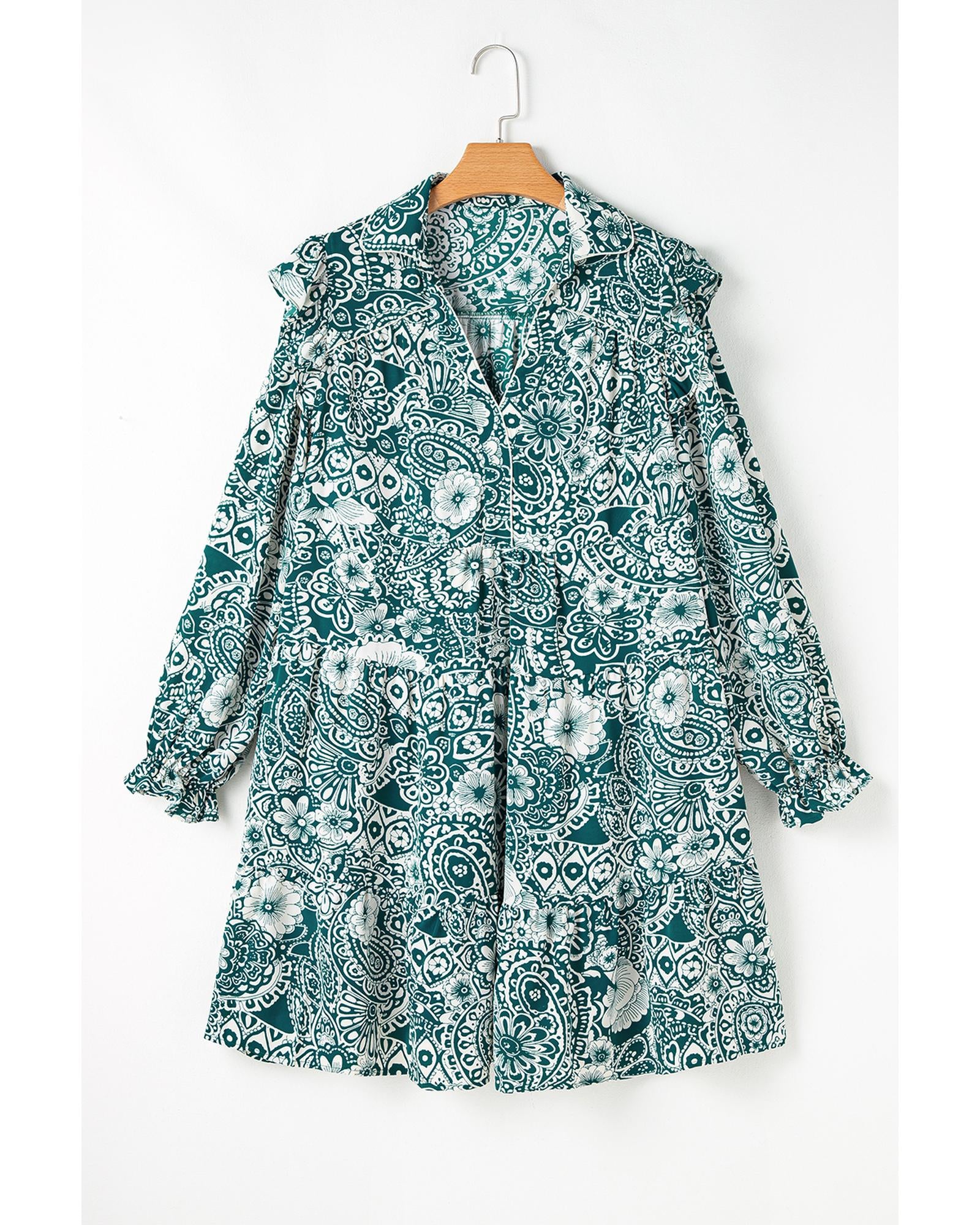 Green Floral Flounce Sleeve Split Neck Plus Size Dress - 4X 5
