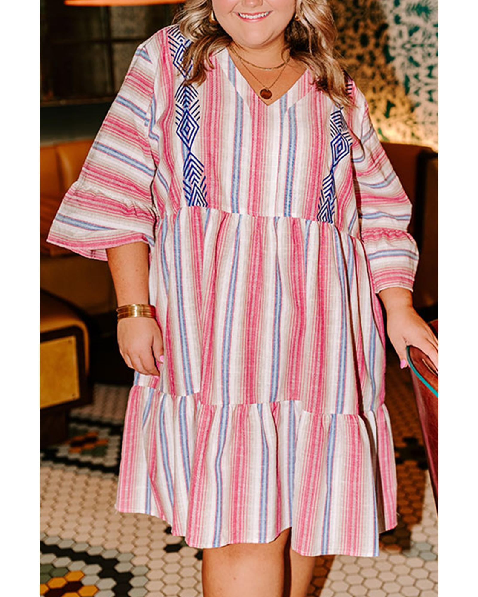 White Stripe Plus Size Embroidered Detail Flared 3/4 Sleeve V Neck Dress - 1X