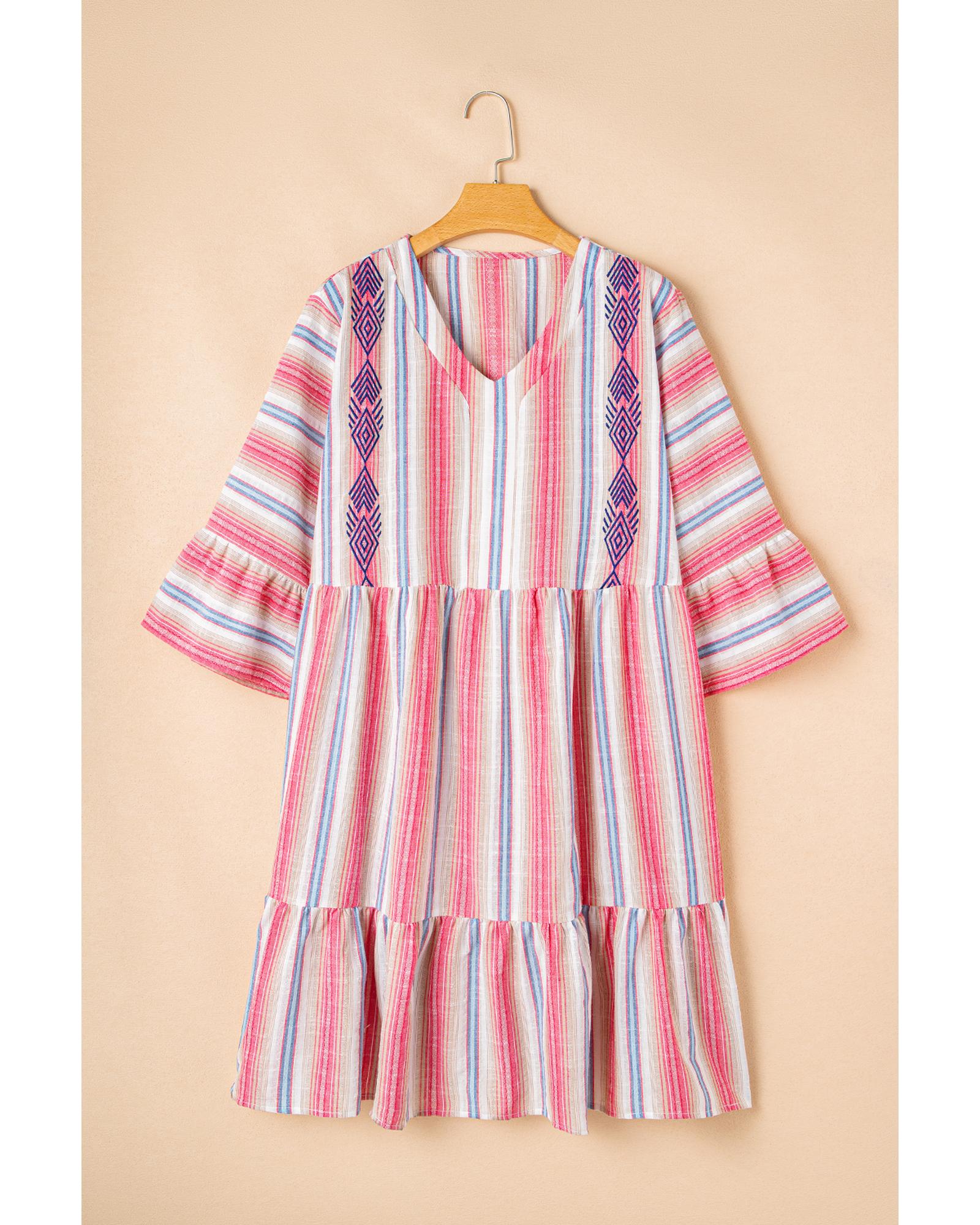 White Stripe Plus Size Embroidered Detail Flared 3/4 Sleeve V Neck Dress - 4X 6