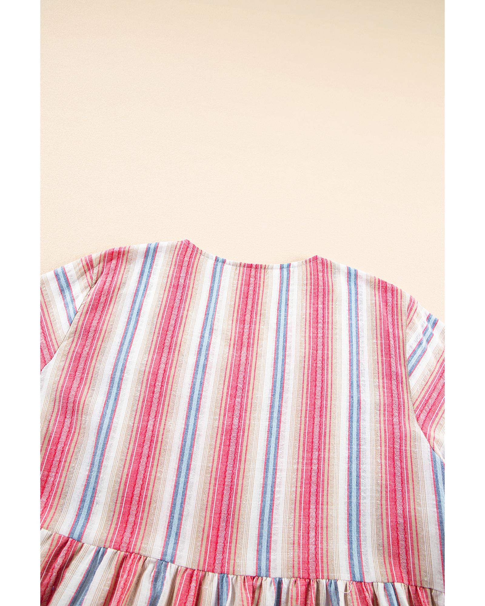 White Stripe Plus Size Embroidered Detail Flared 3/4 Sleeve V Neck Dress - 4X 8