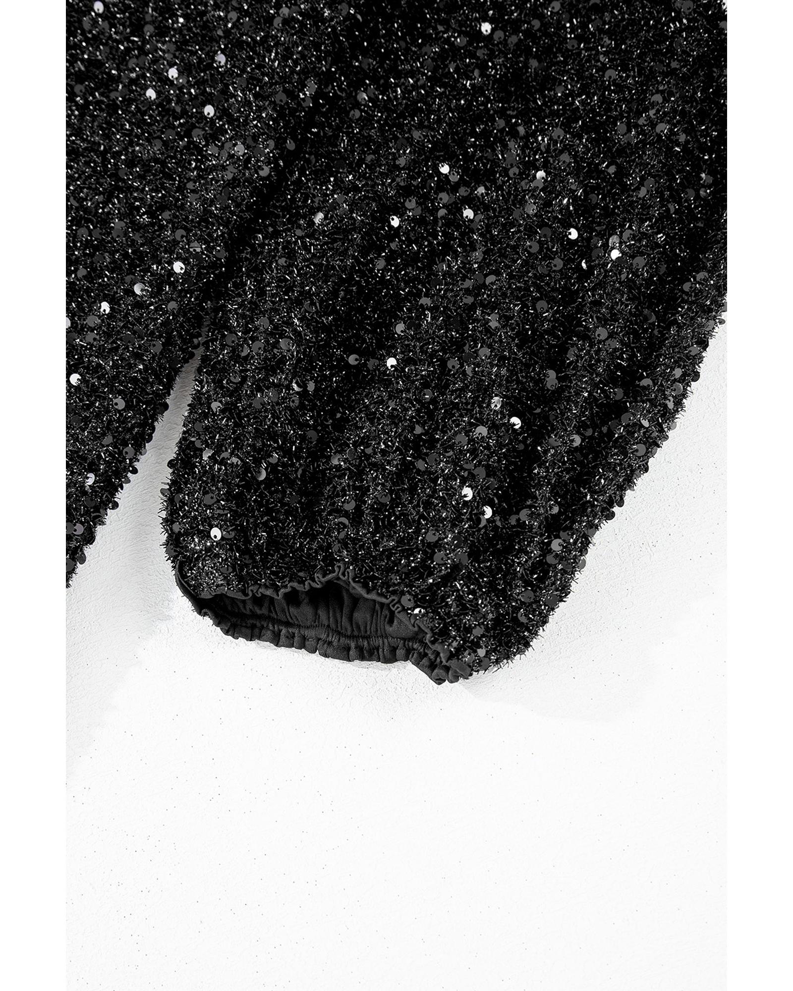 Color black Plus Size Bubble Sleeve V Neck Sequin Dress - 1X 3