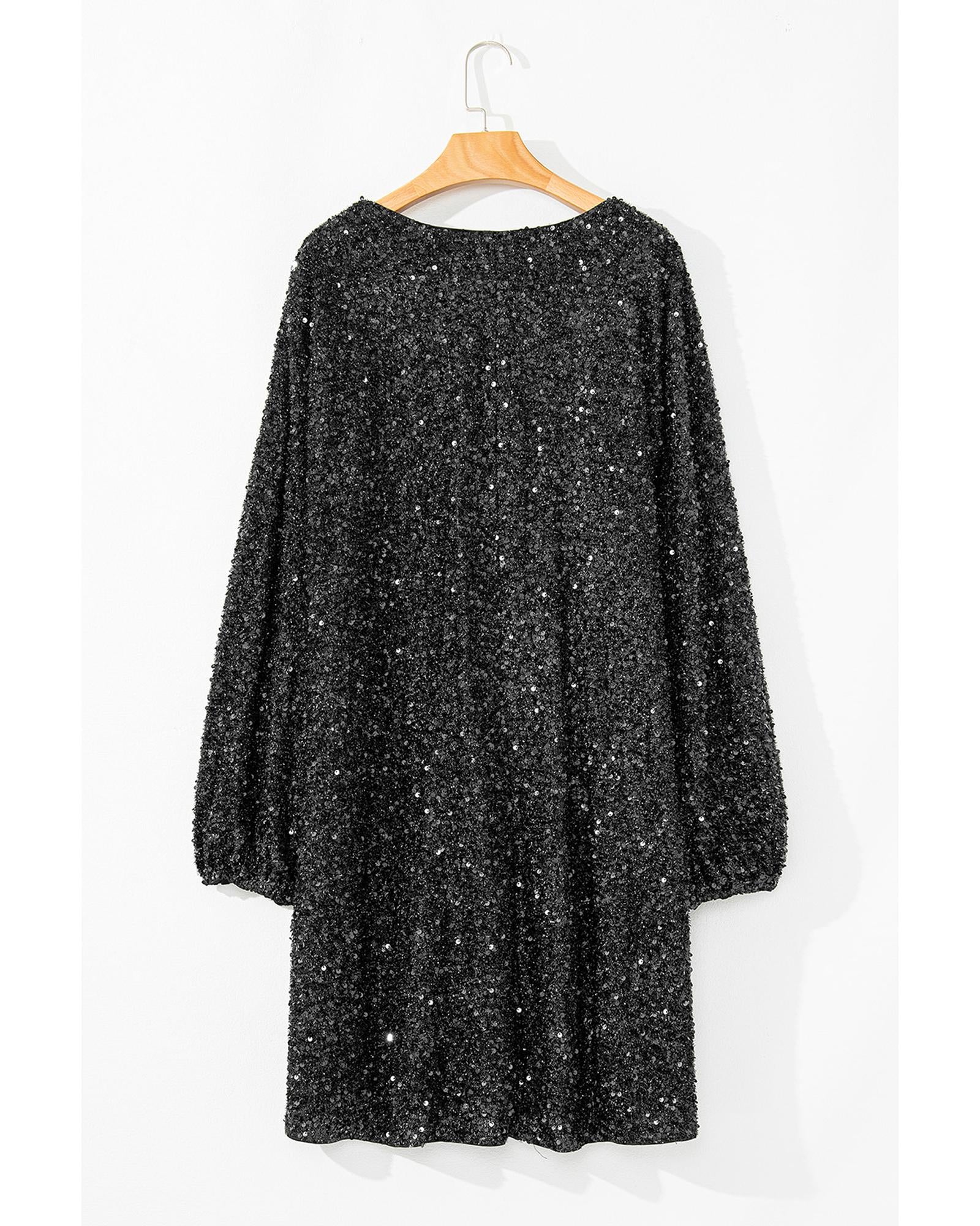 Color black Plus Size Bubble Sleeve V Neck Sequin Dress - 1X 5