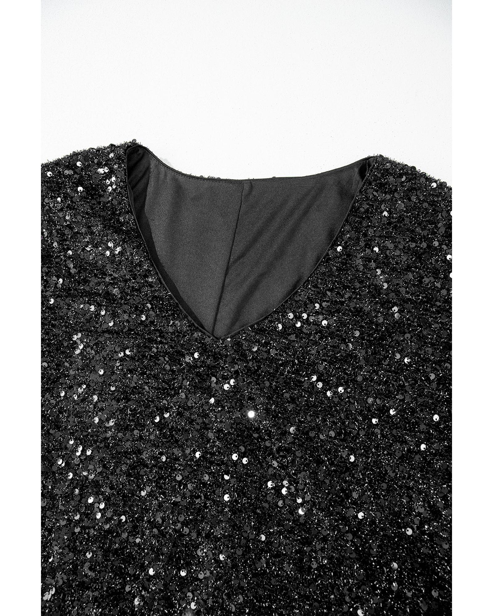 Color black Plus Size Bubble Sleeve V Neck Sequin Dress - 1X 8