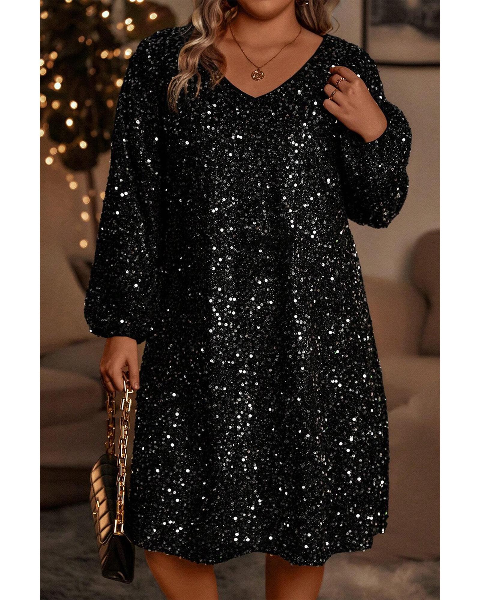Color black Plus Size Bubble Sleeve V Neck Sequin Dress - 3X 7