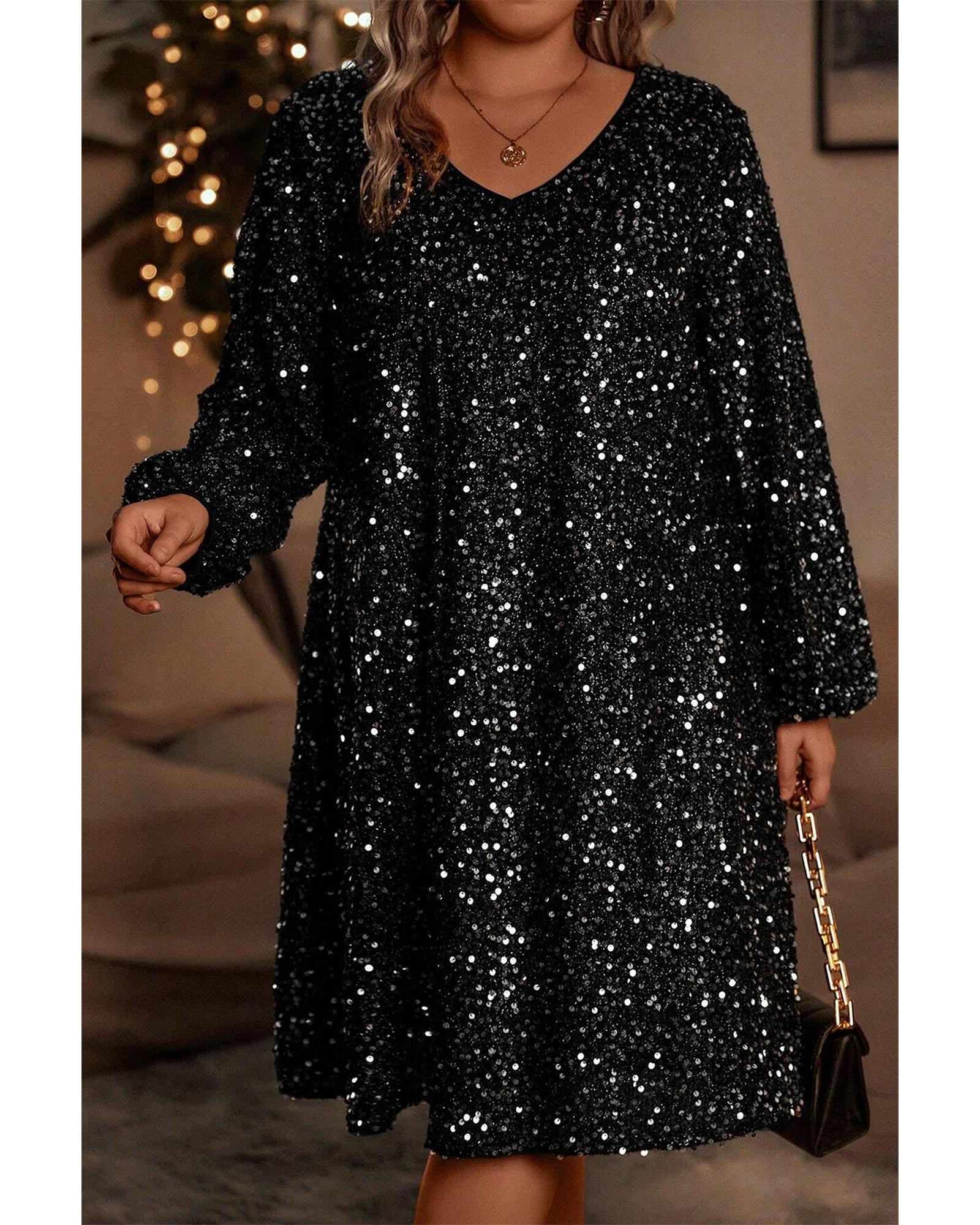 Color black Plus Size Bubble Sleeve V Neck Sequin Dress - 4X