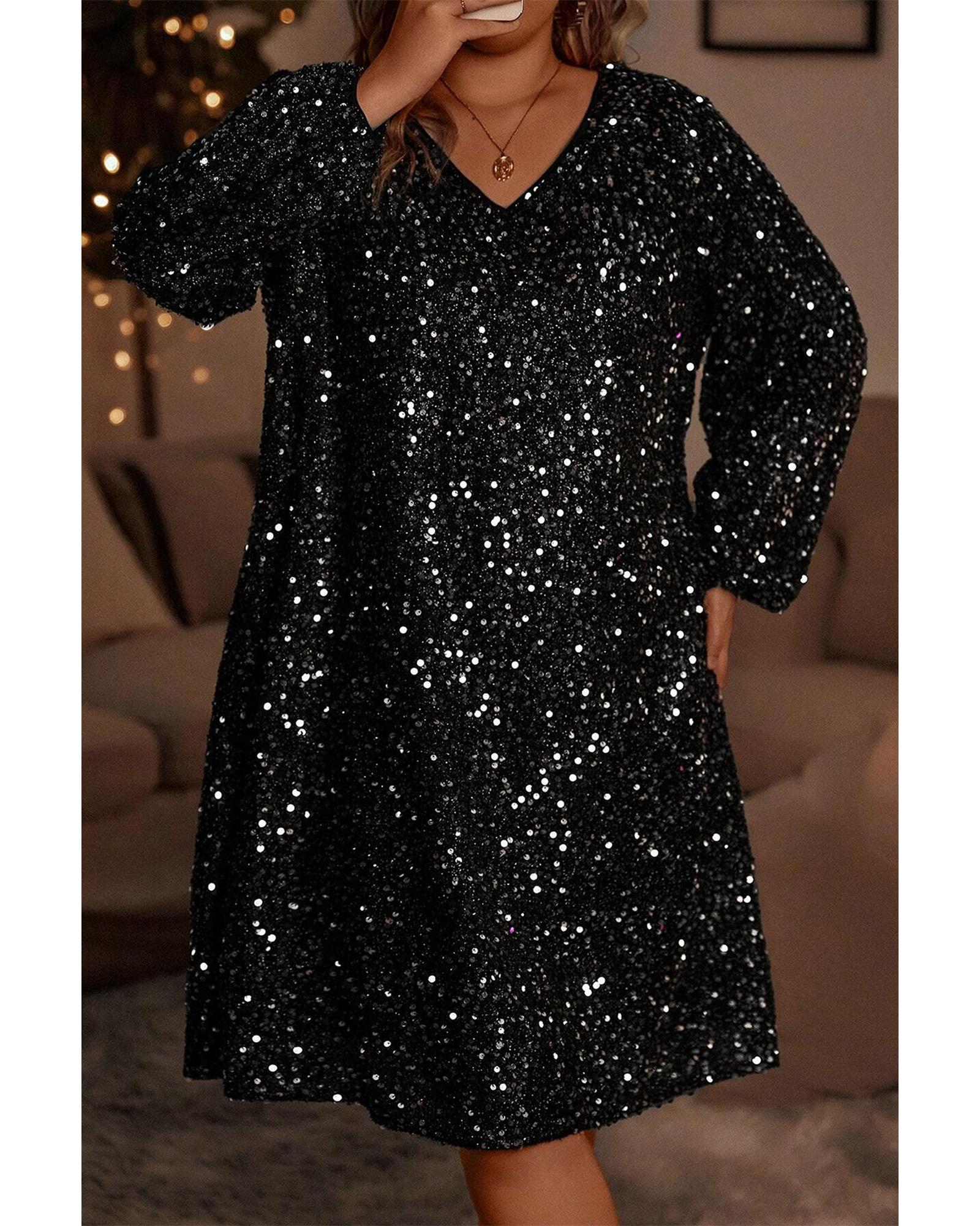 Color black Plus Size Bubble Sleeve V Neck Sequin Dress - 4X 4