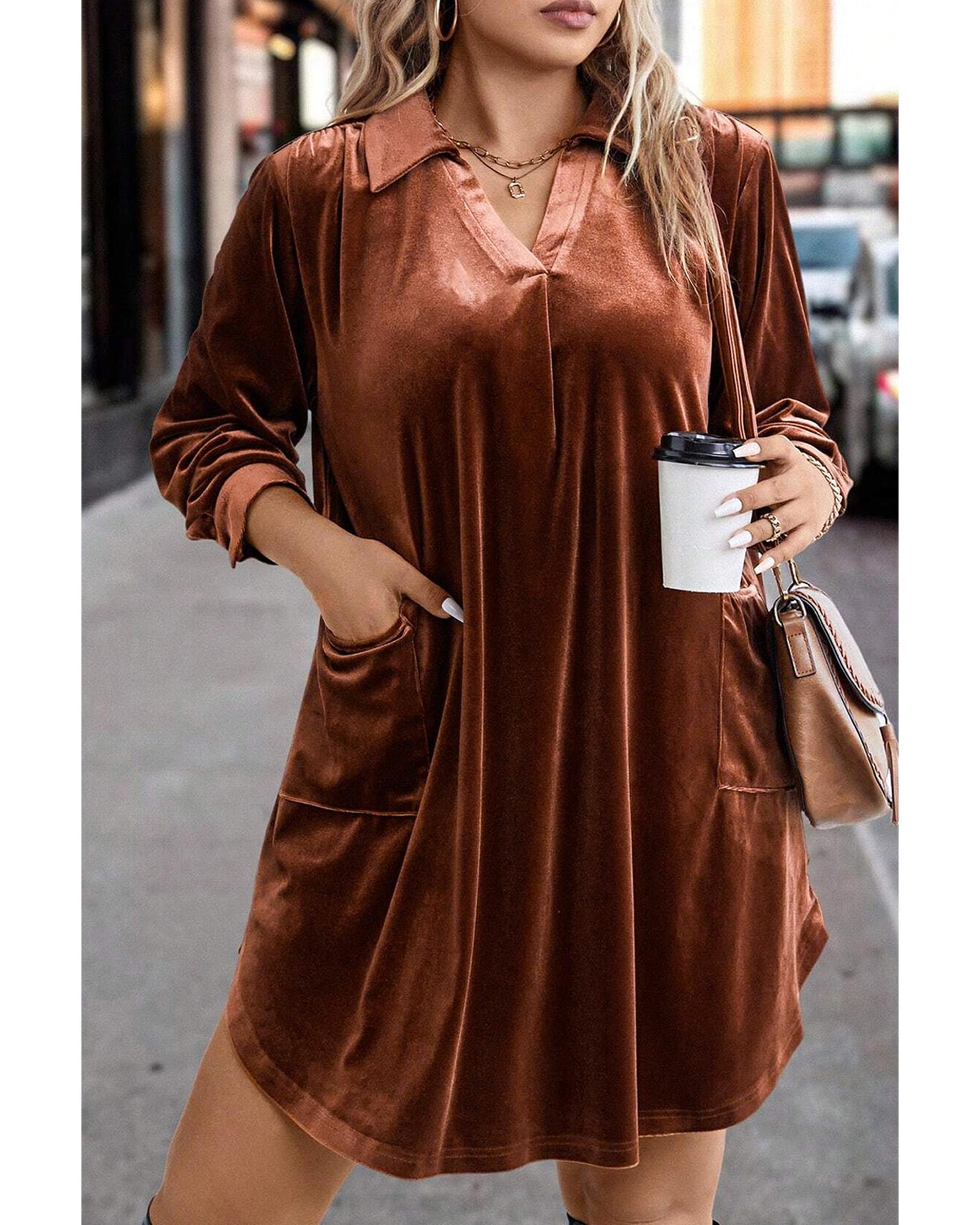 Coffee Plus Size V Neck Collared Pleated Back Rounded Hem Velvet Dress - 2X 3