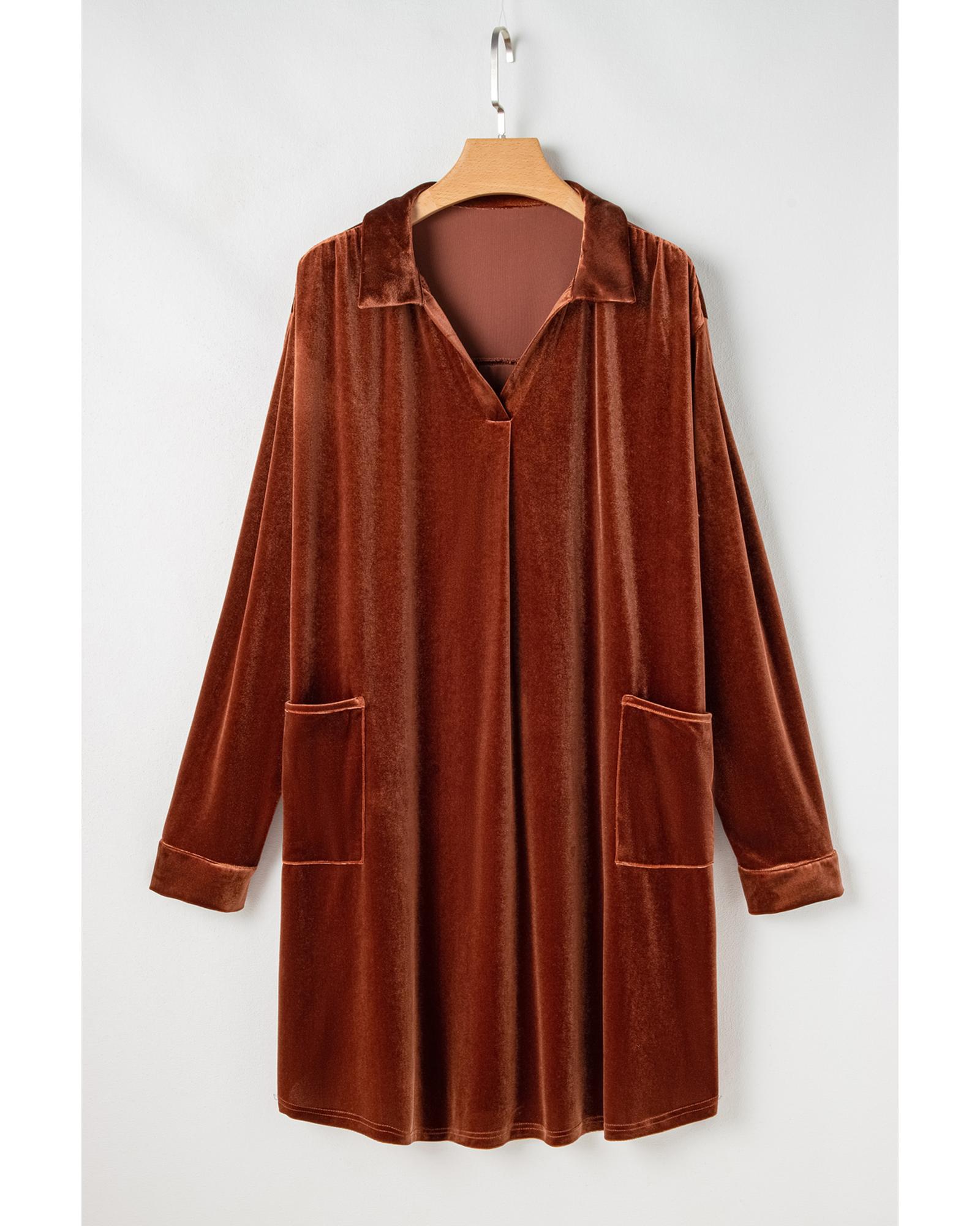 Coffee Plus Size V Neck Collared Pleated Back Rounded Hem Velvet Dress - 2X 6