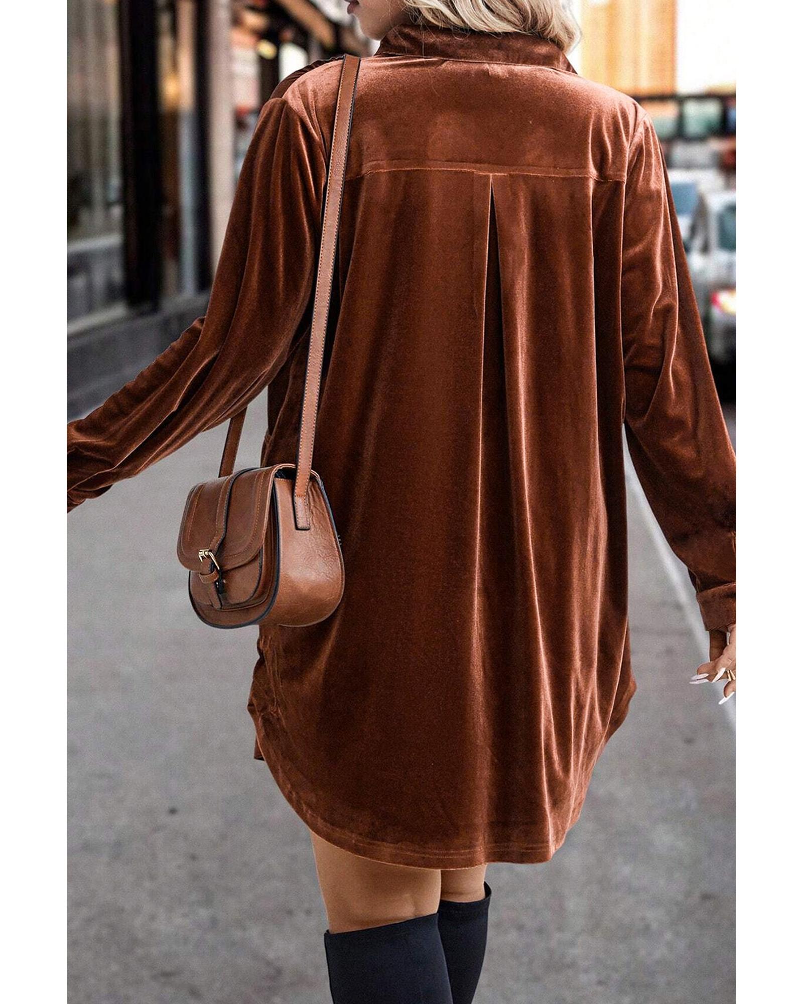 Coffee Plus Size V Neck Collared Pleated Back Rounded Hem Velvet Dress - 2X 7