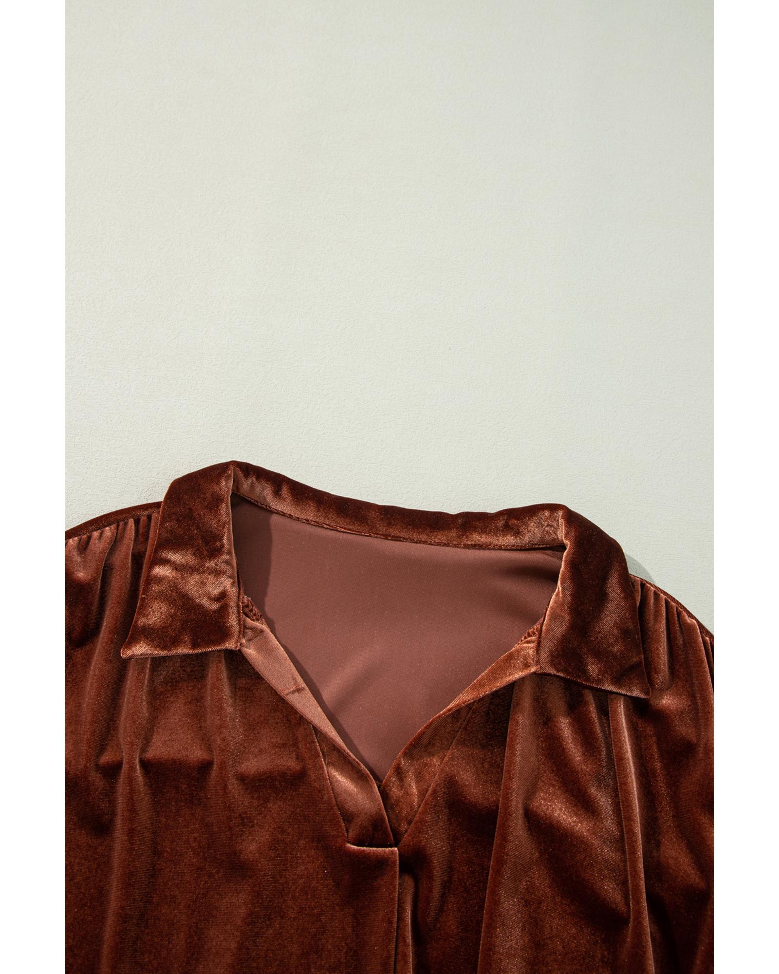 Coffee Plus Size V Neck Collared Pleated Back Rounded Hem Velvet Dress - 4X 4