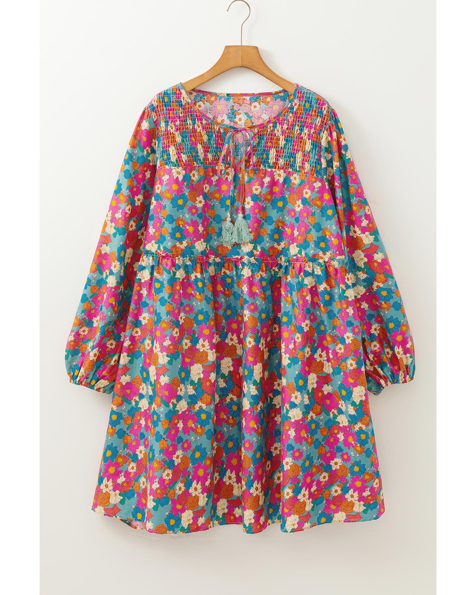 Sky Blue Plus Size Floral Print Shirred Ruffle Tiered Mini Dress - 2X