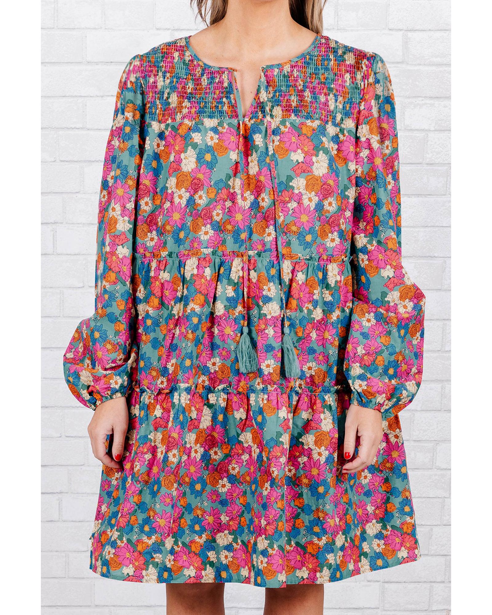 Sky Blue Plus Size Floral Print Shirred Ruffle Tiered Mini Dress - 2X 5