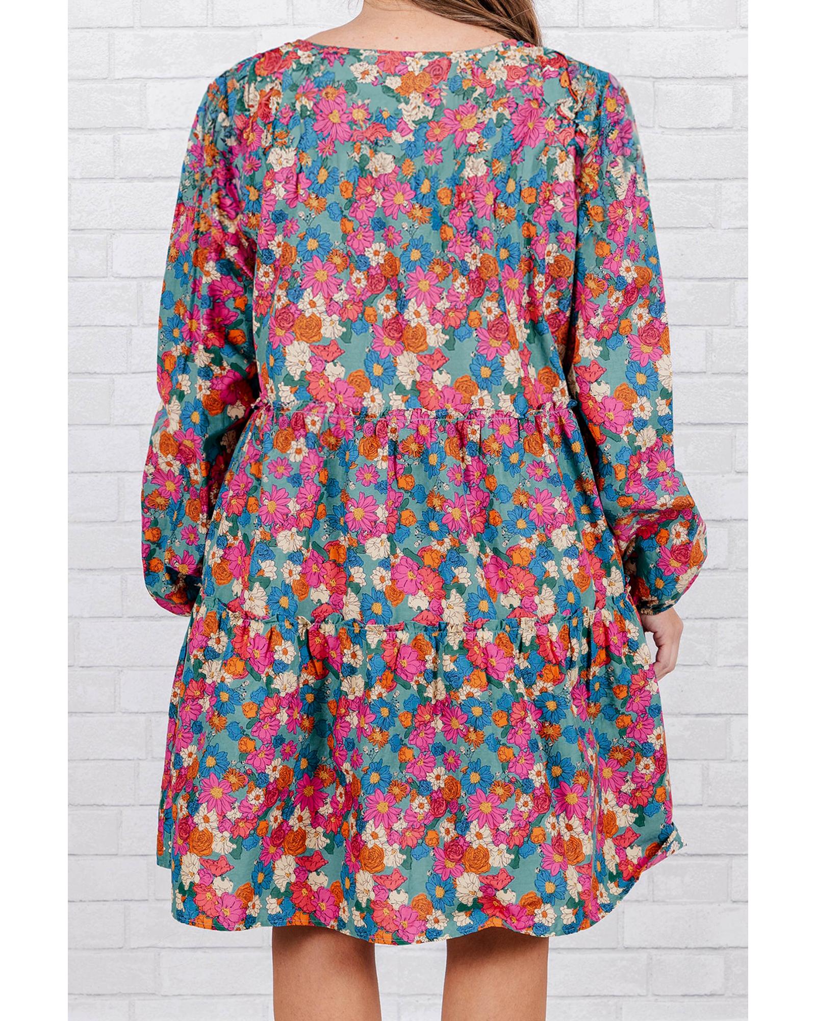 Sky Blue Plus Size Floral Print Shirred Ruffle Tiered Mini Dress - 3X