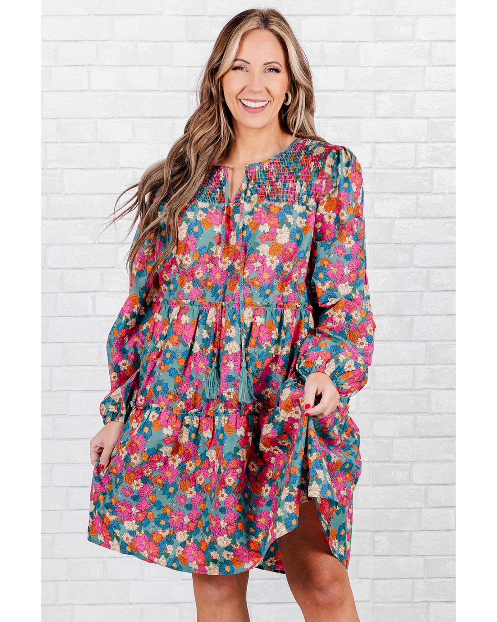 Sky Blue Plus Size Floral Print Shirred Ruffle Tiered Mini Dress - 4X 4