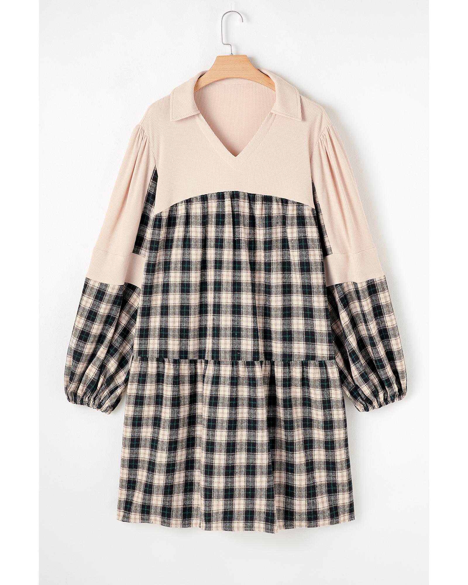 Black Plaid Waffle Knit Patchwork Collared V Neck Plus Size Mini Dress - 3X