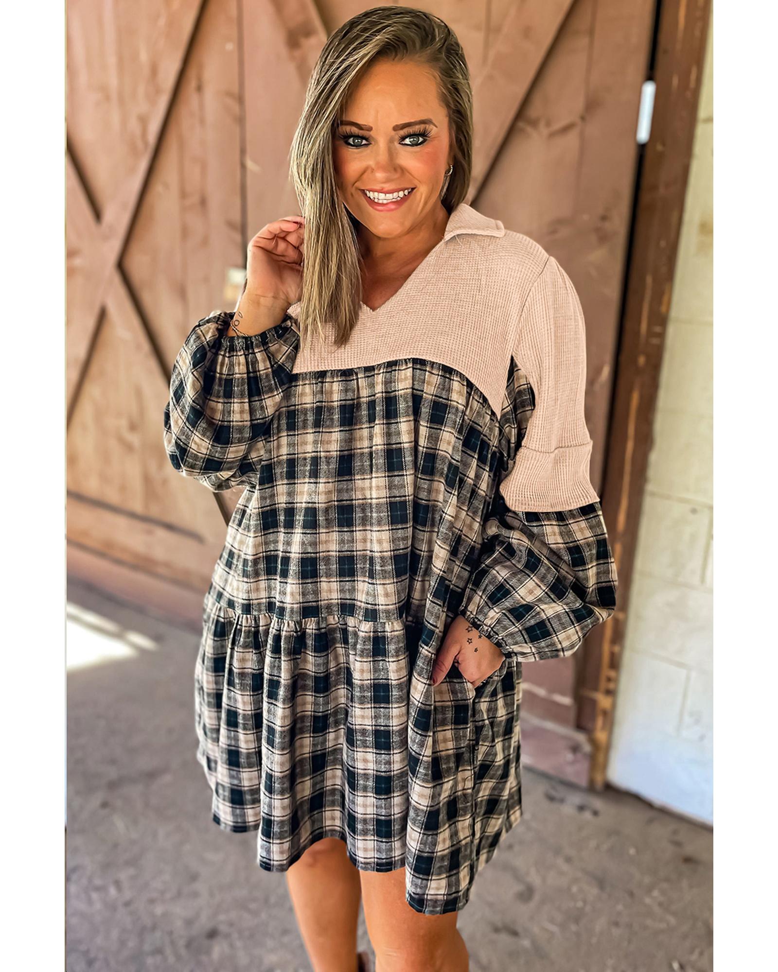 Black Plaid Waffle Knit Patchwork Collared V Neck Plus Size Mini Dress - 3X 5