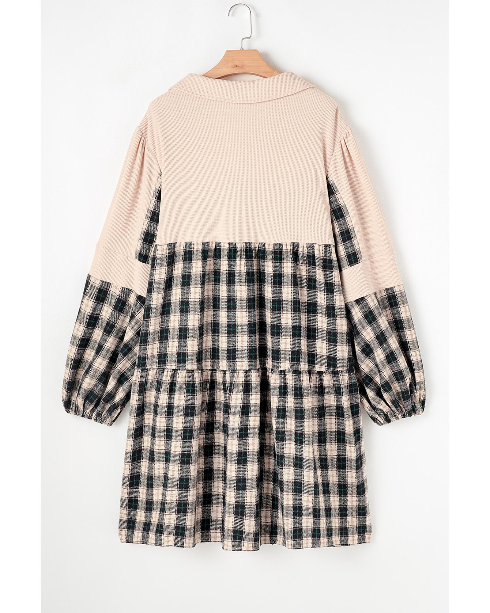 Black Plaid Waffle Knit Patchwork Collared V Neck Plus Size Mini Dress - 4X 3