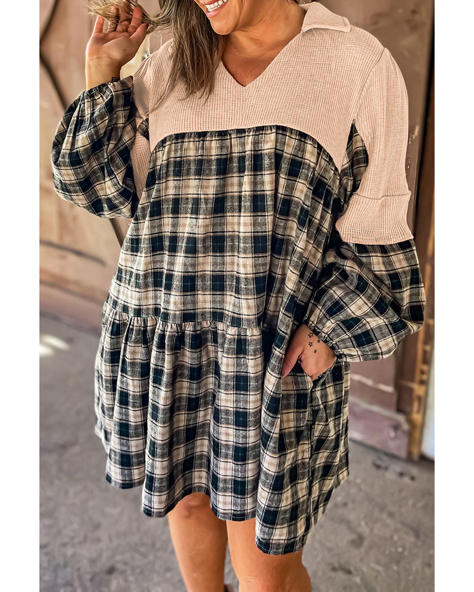 Black Plaid Waffle Knit Patchwork Collared V Neck Plus Size Mini Dress - 4X 6