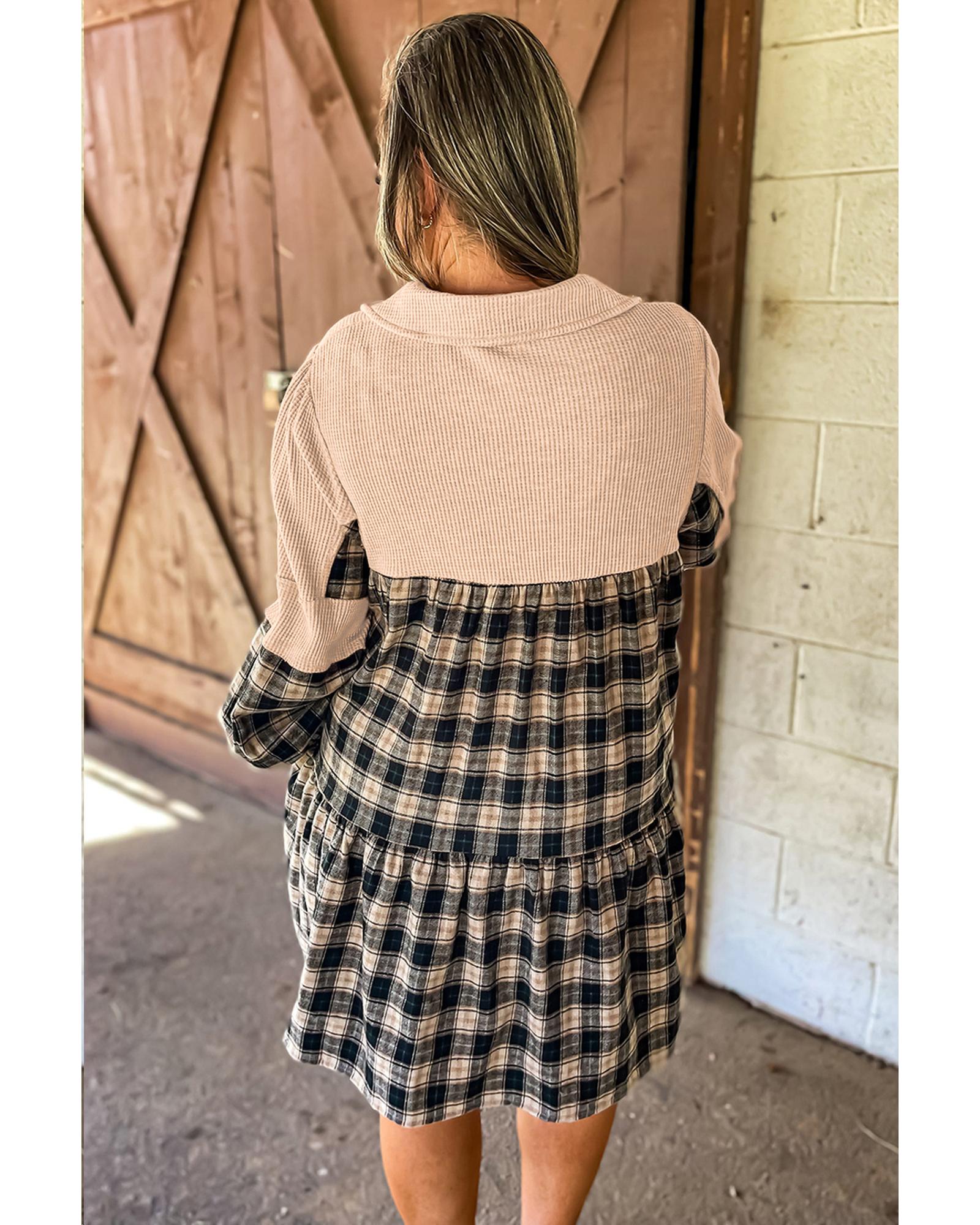 Black Plaid Waffle Knit Patchwork Collared V Neck Plus Size Mini Dress - 4X 7