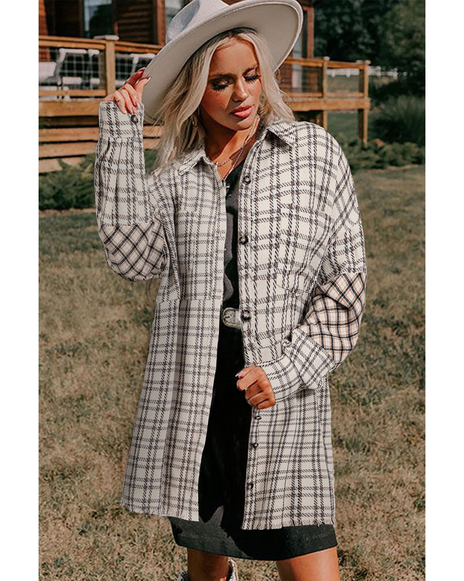 White Stripe Plus Size Plaid Buttoned Raw Hem Tunic Shirt Dress - 1X