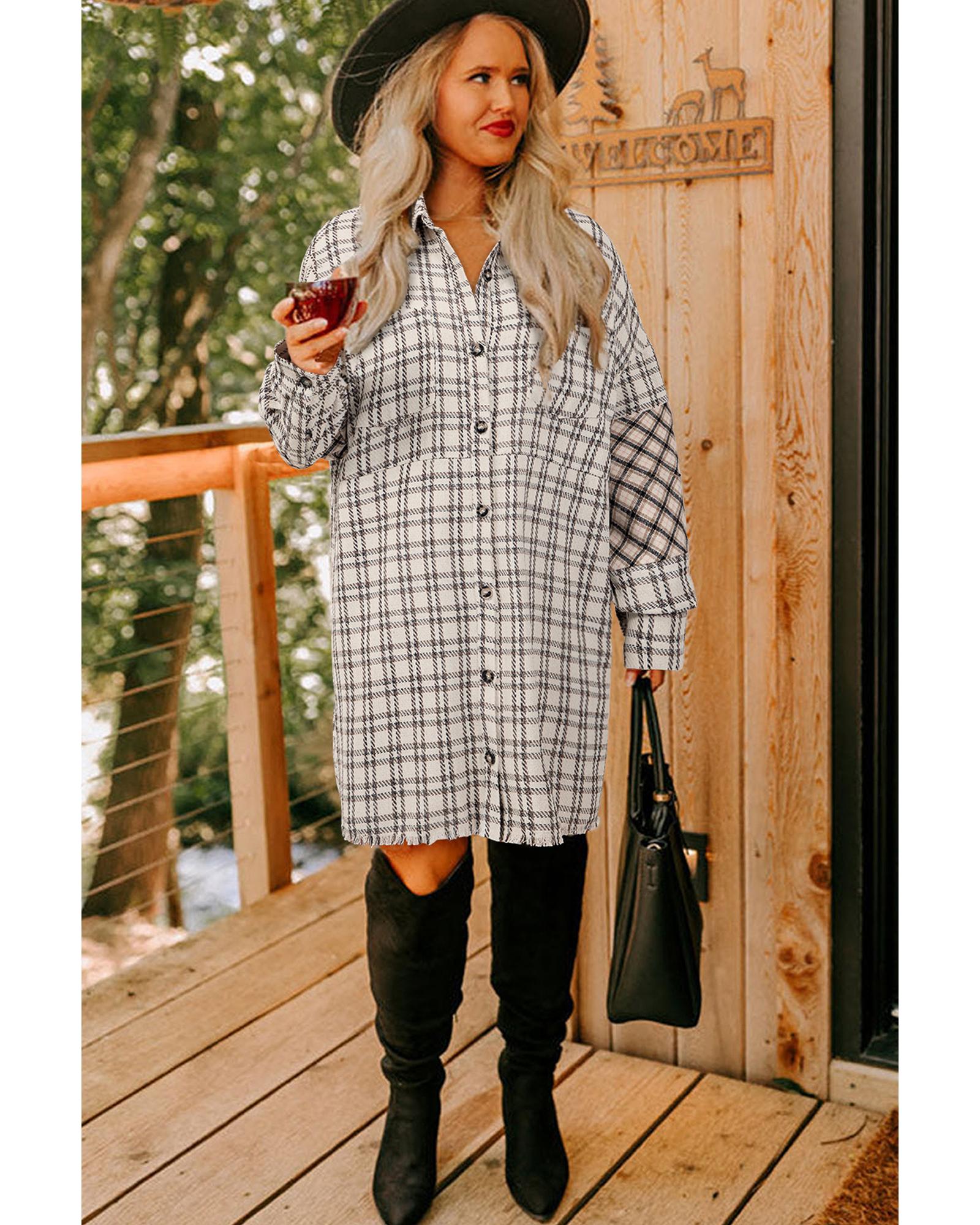 White Stripe Plus Size Plaid Buttoned Raw Hem Tunic Shirt Dress - 2X