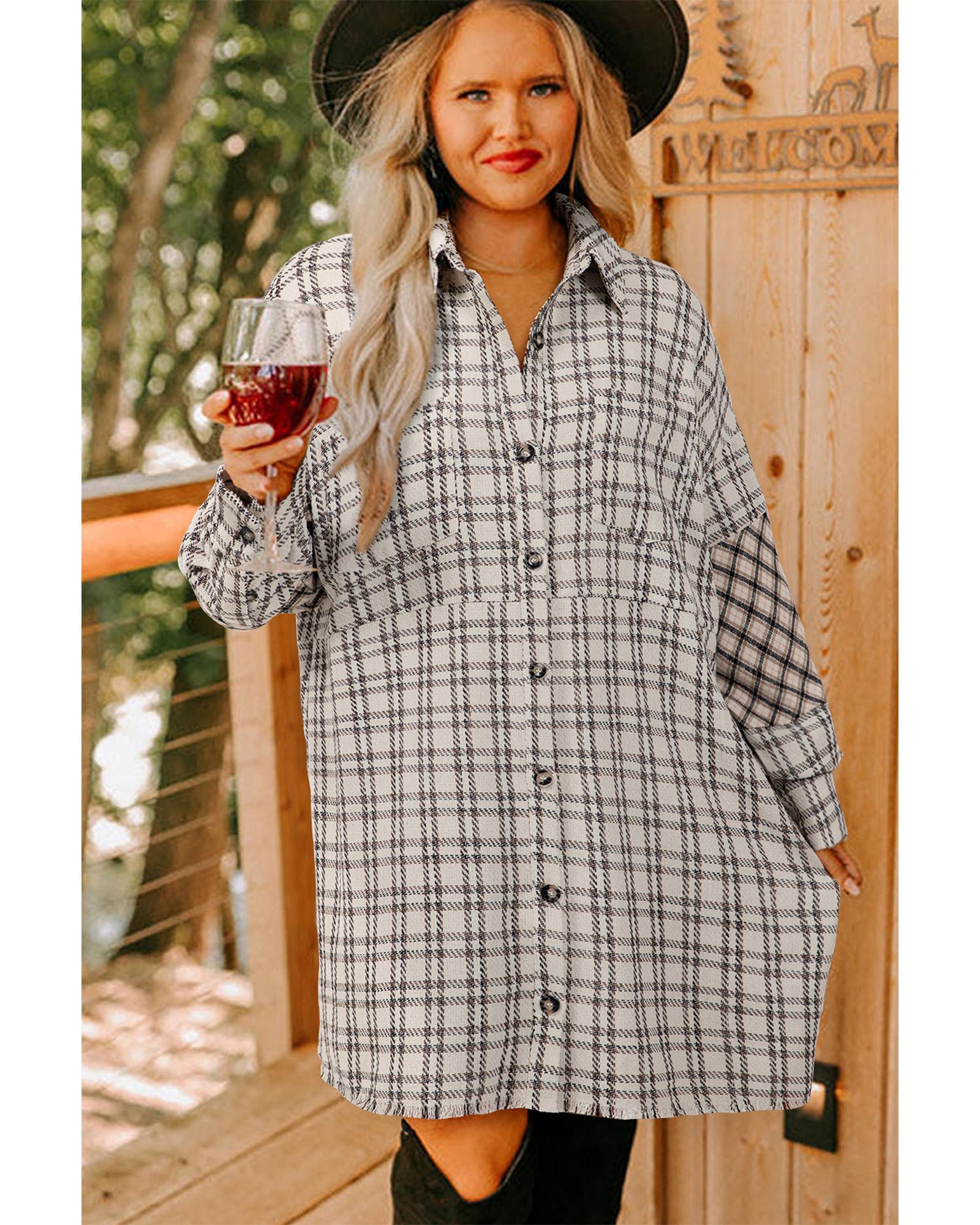 White Stripe Plus Size Plaid Buttoned Raw Hem Tunic Shirt Dress - 2X 6