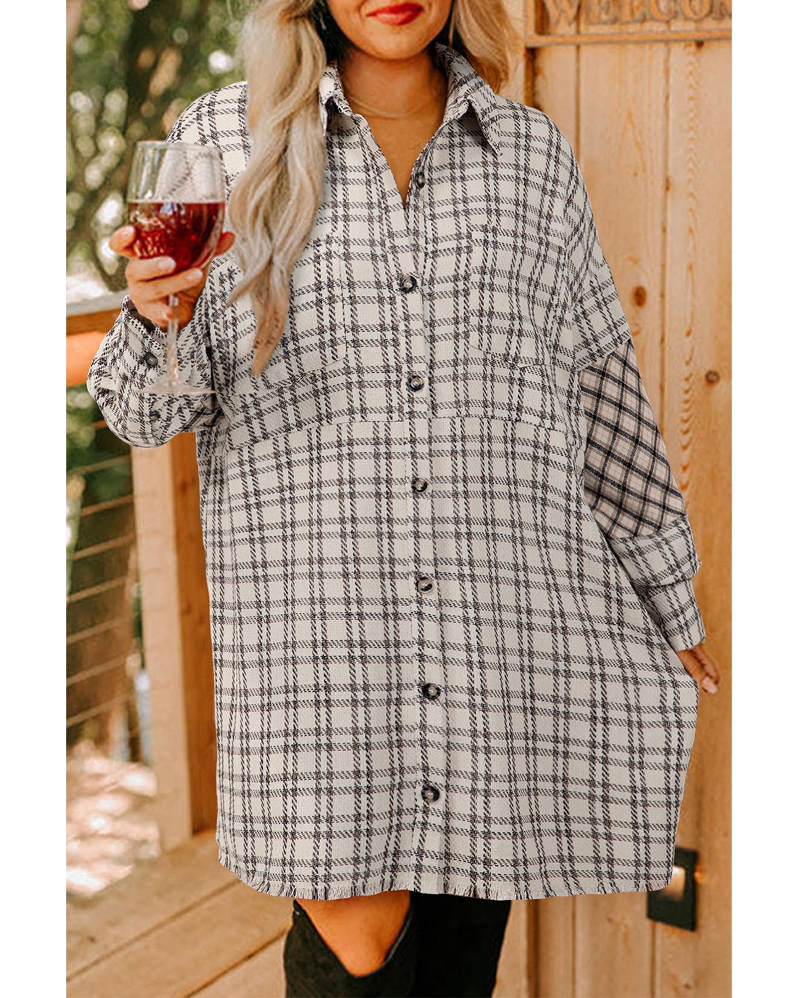 White Stripe Plus Size Plaid Buttoned Raw Hem Tunic Shirt Dress - 3X 4