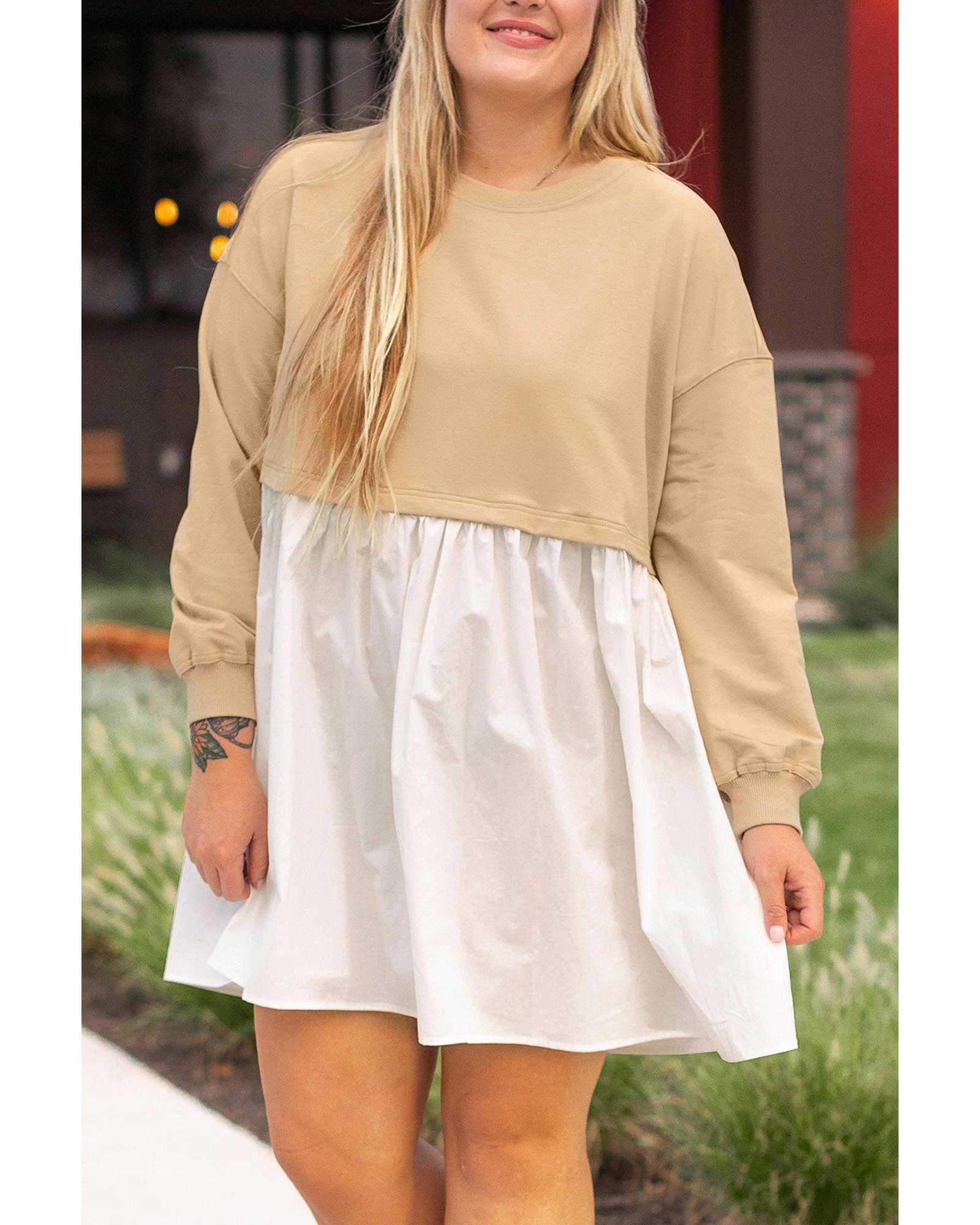 Apricot Color Block Patchwork Ruffled Plus Size Mini Dress - 4X