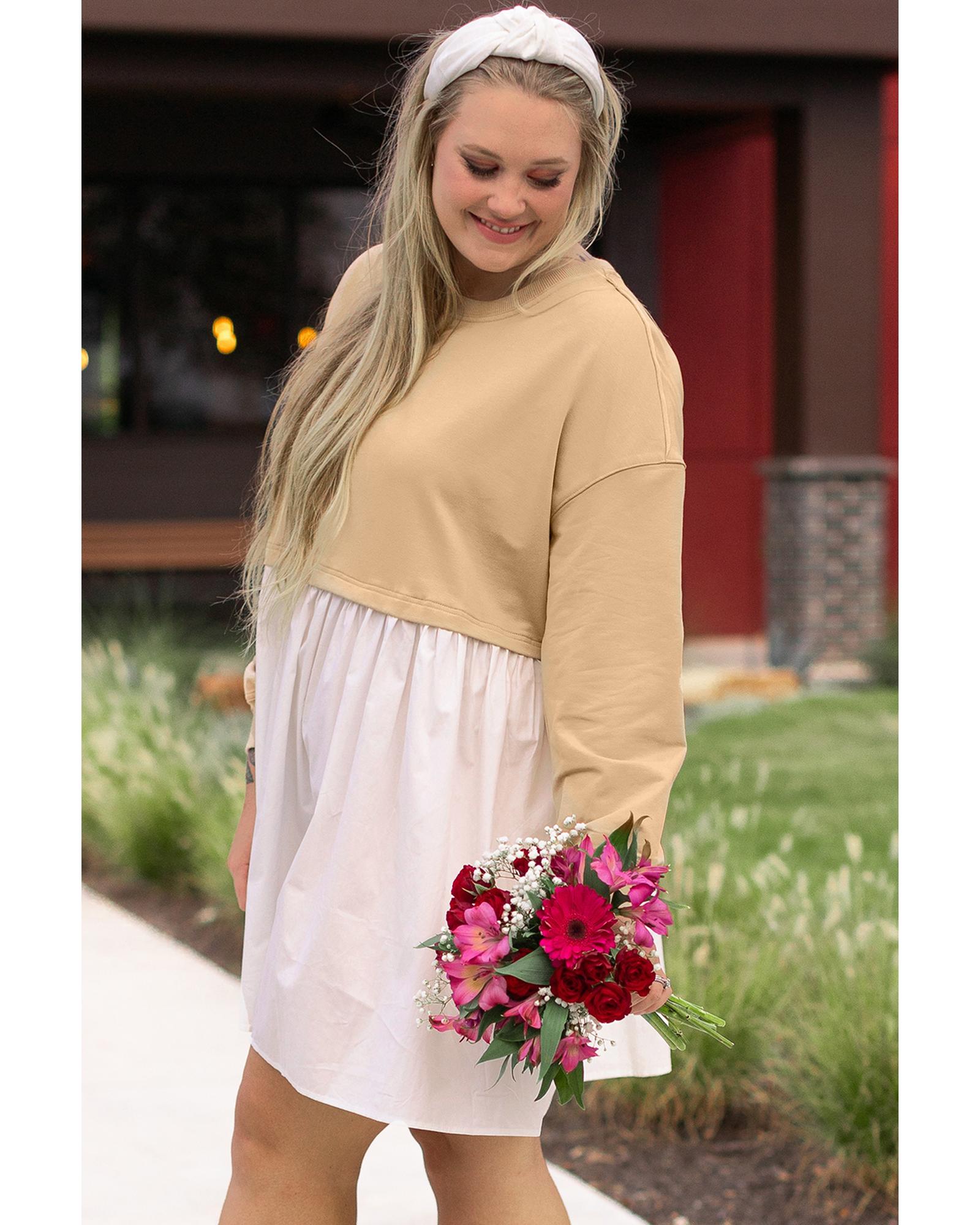 Apricot Color Block Patchwork Ruffled Plus Size Mini Dress - 4X 5