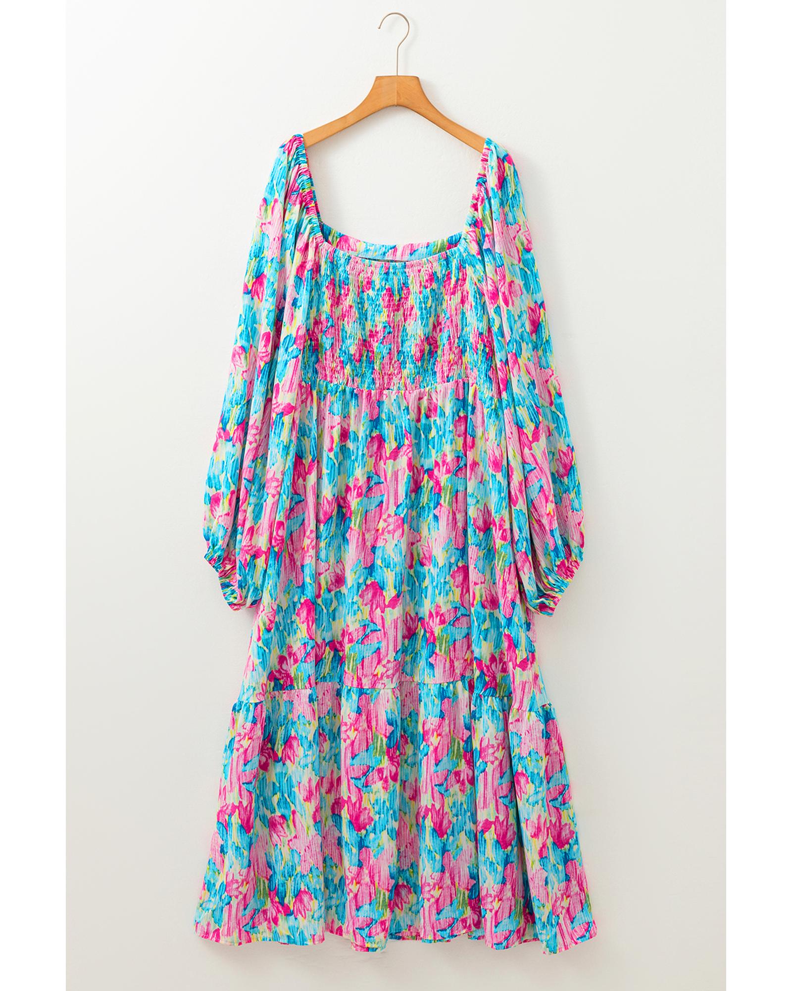 Sky Blue Floral Allover Print Shirred Square Neck Plus Size Maxi Dress - 1X