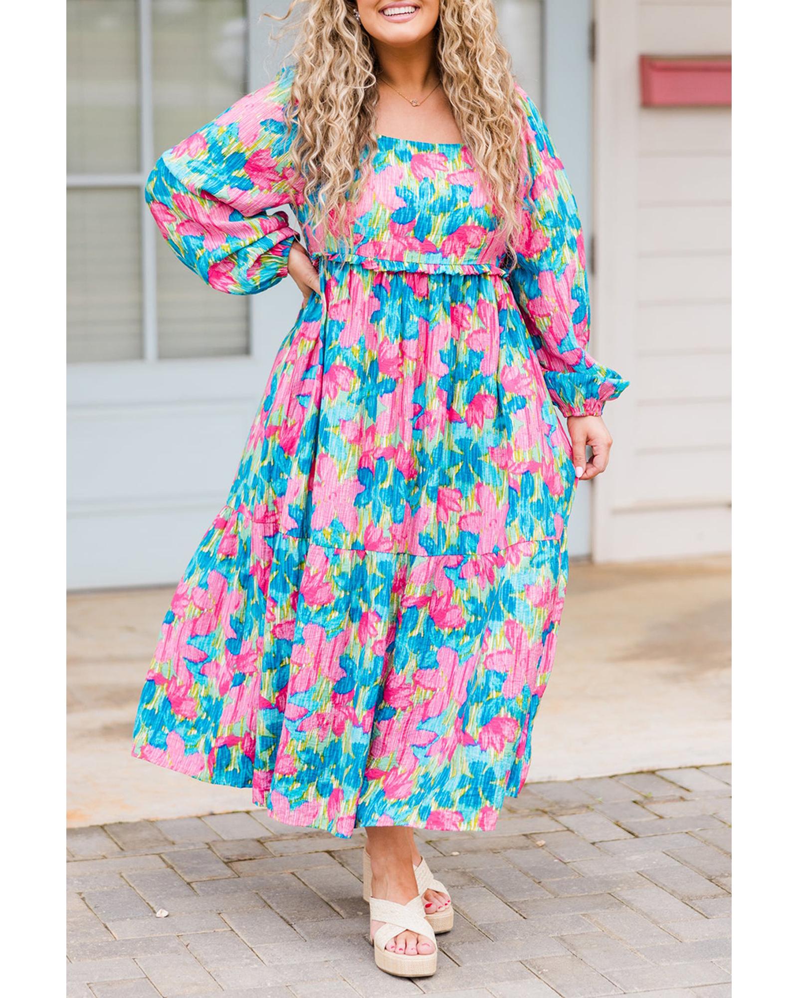 Sky Blue Floral Allover Print Shirred Square Neck Plus Size Maxi Dress - 1X 4