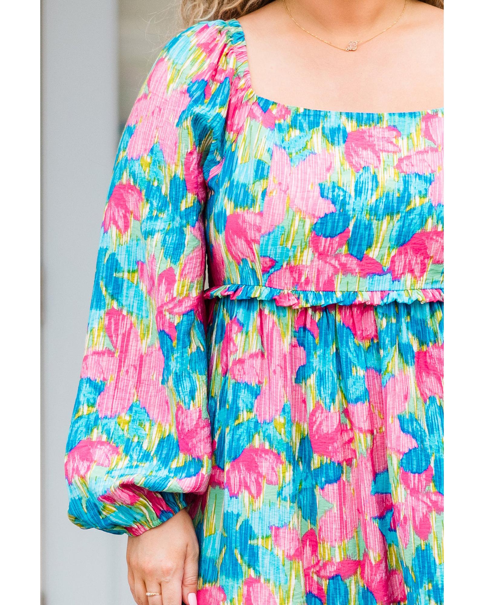 Sky Blue Floral Allover Print Shirred Square Neck Plus Size Maxi Dress - 1X 8