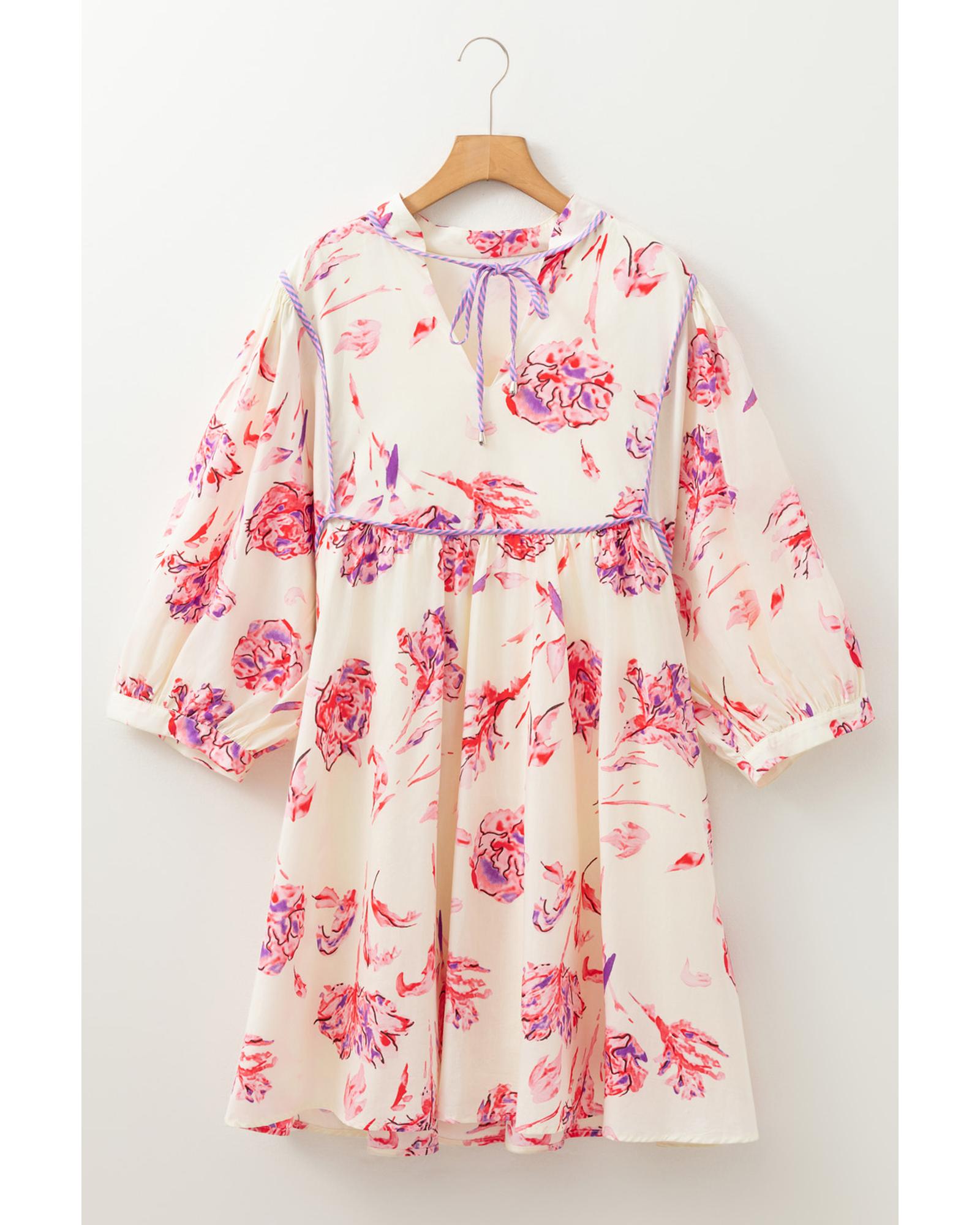 White Floral Print Lace up V Neck Balloon Sleeve Plus Size Shift Mini Dress - 2X 6