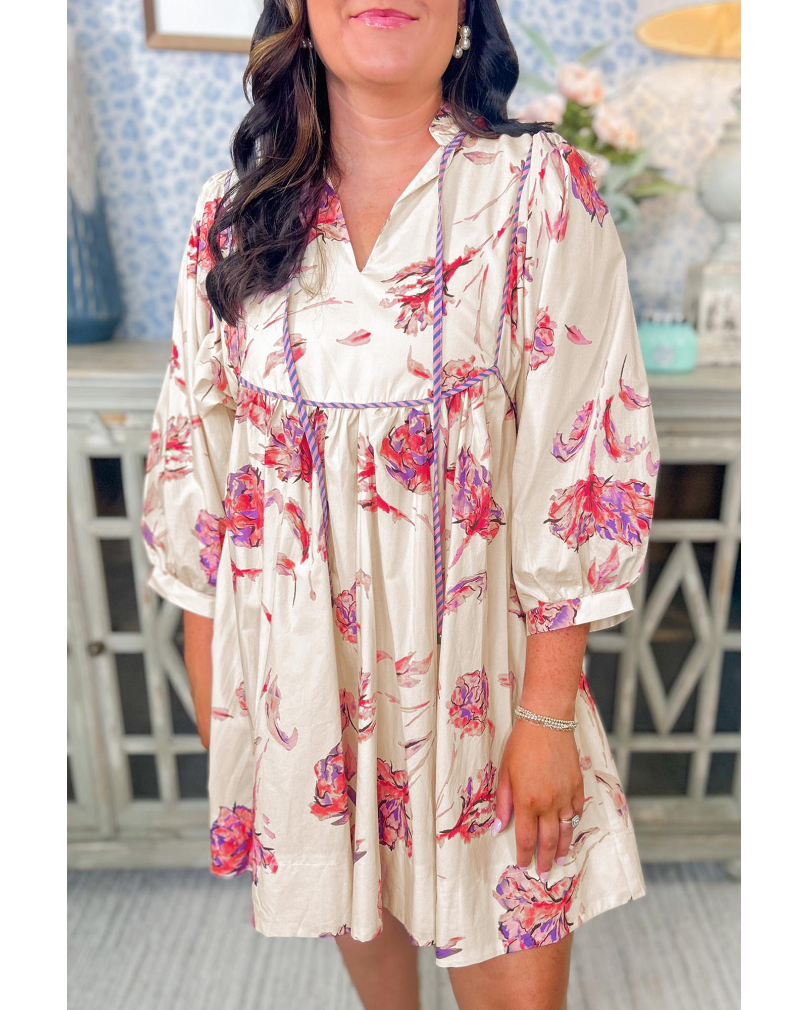 White Floral Print Lace up V Neck Balloon Sleeve Plus Size Shift Mini Dress - 2X 8
