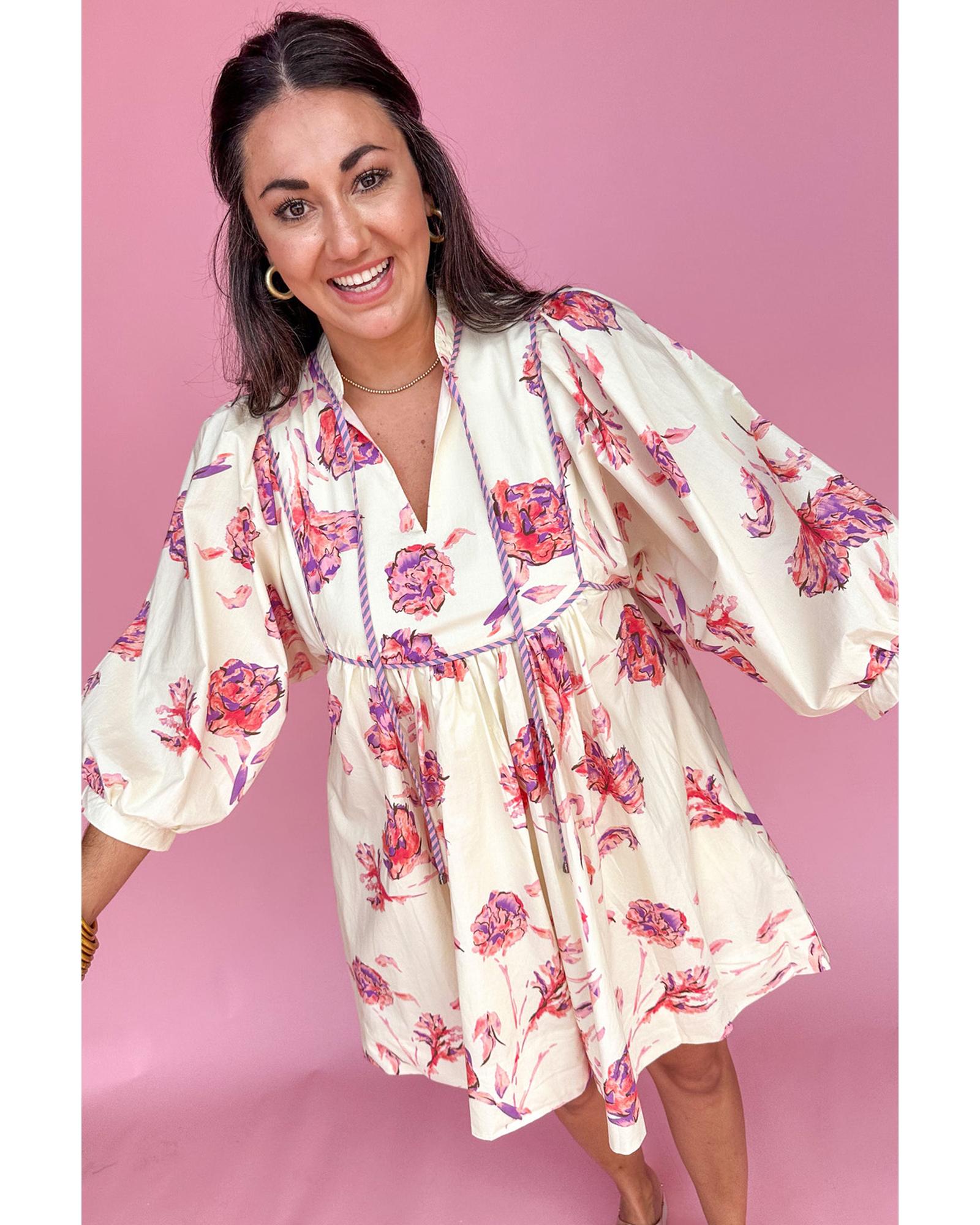White Floral Print Lace up V Neck Balloon Sleeve Plus Size Shift Mini Dress - 4X