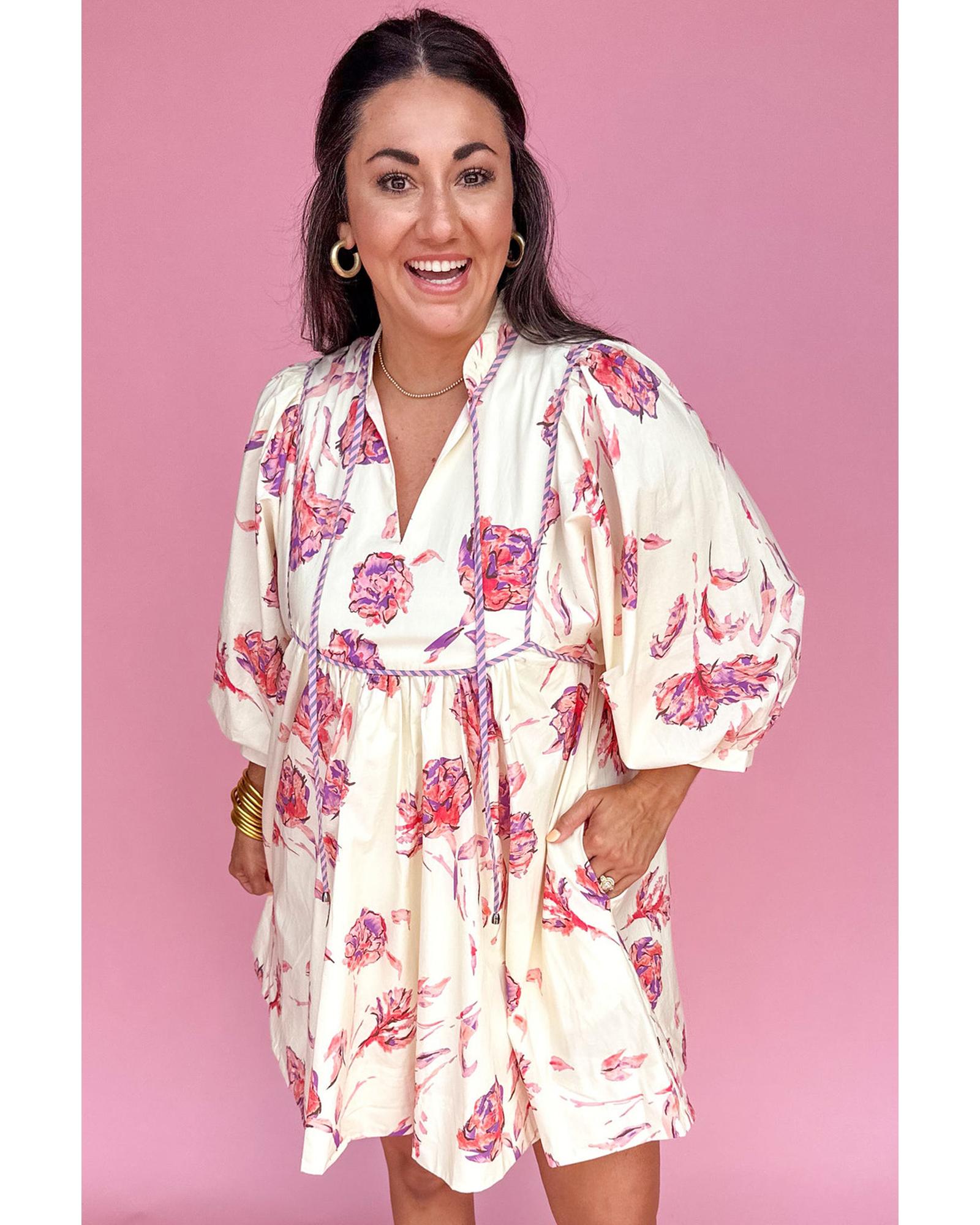 White Floral Print Lace up V Neck Balloon Sleeve Plus Size Shift Mini Dress - 4X 4