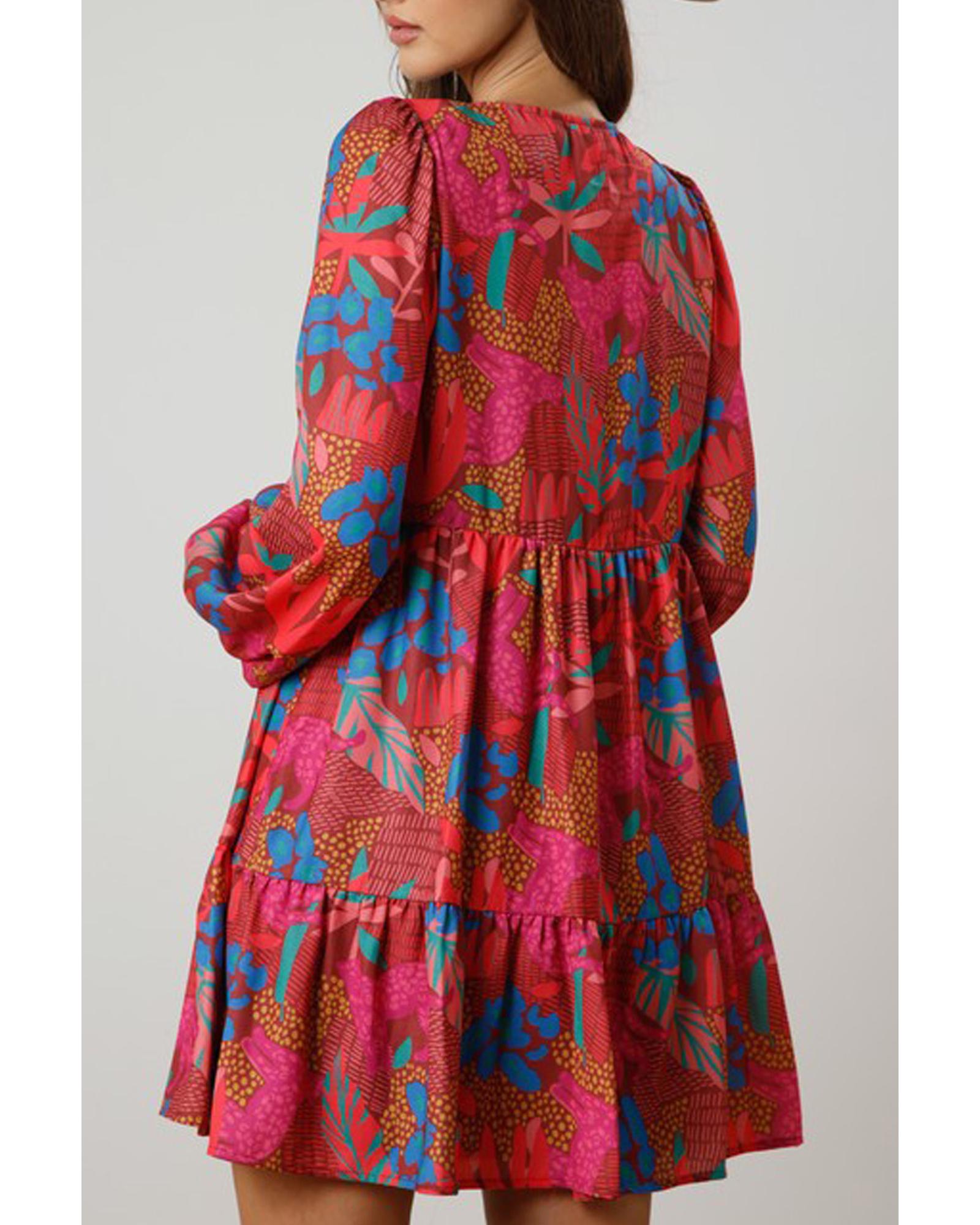 Rose Tropical Printed Lantern Sleeve V Neck Ruffled Plus Size Mini Dress - 1X