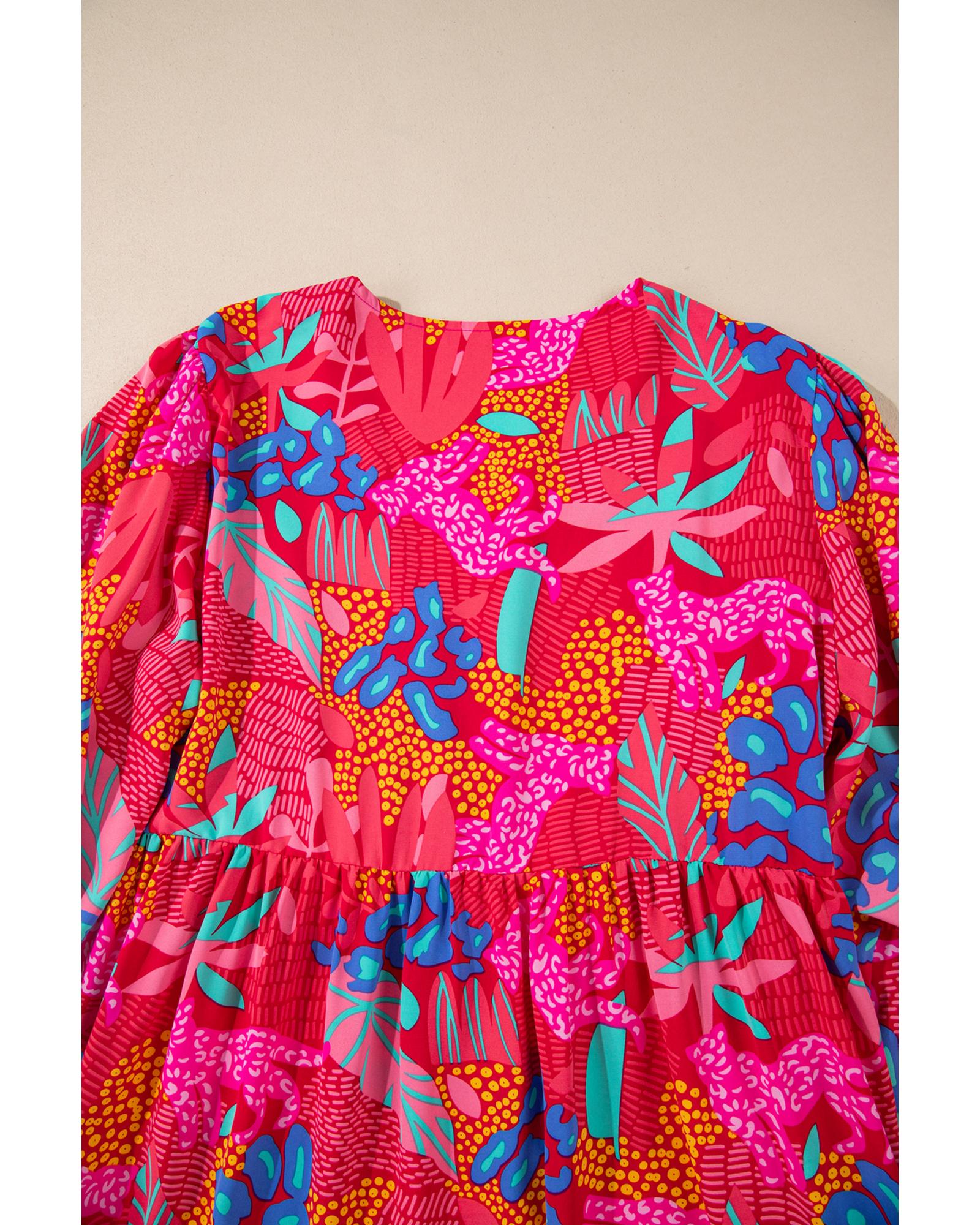 Rose Tropical Printed Lantern Sleeve V Neck Ruffled Plus Size Mini Dress - 1X 8